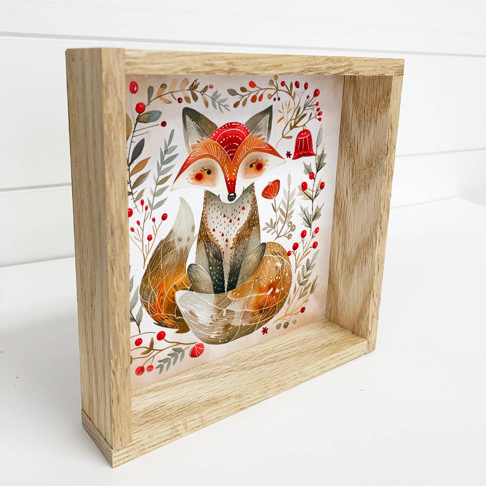 Scandi Watercolor Cute Fox - Fox Canvas Art - Wood Framed