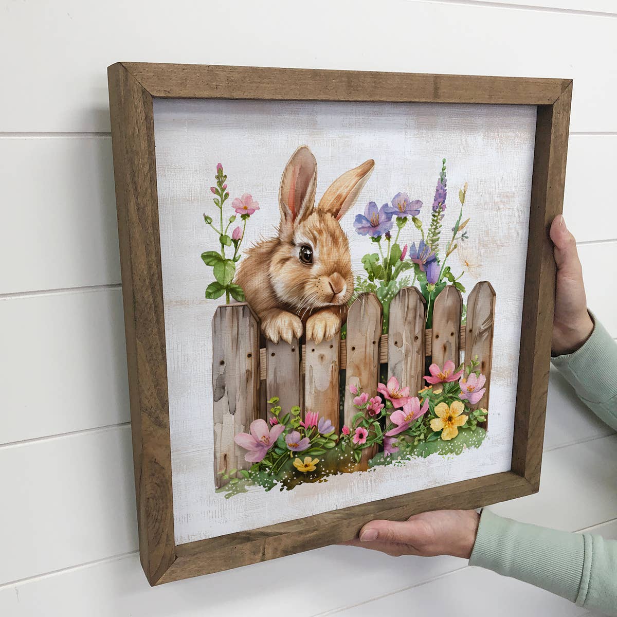 Bunny Over the Fence With Flowers - Bunny Canvas Art - Frame