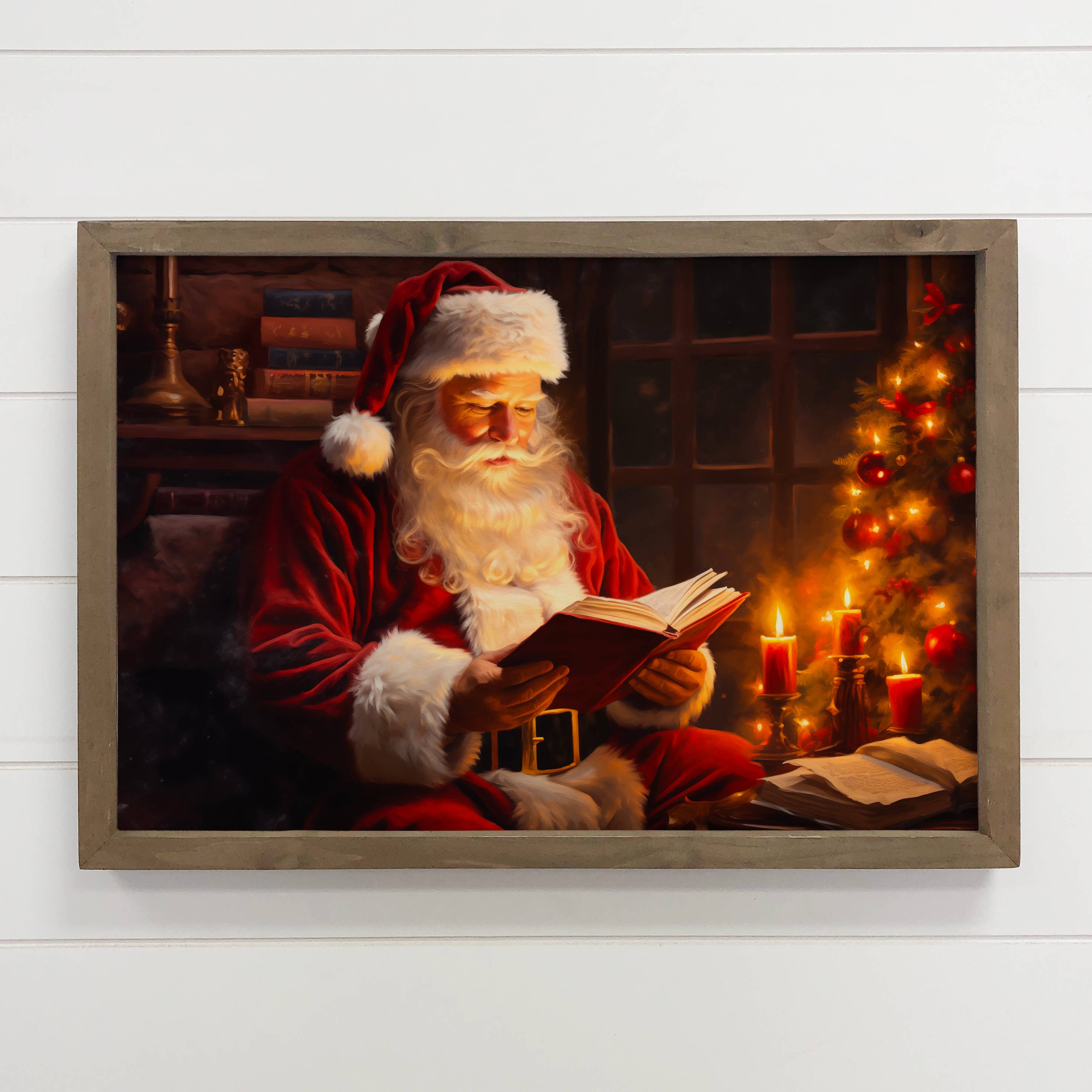 Santa Reading a Book - Santa Canvas Art - Wood Framed Decor