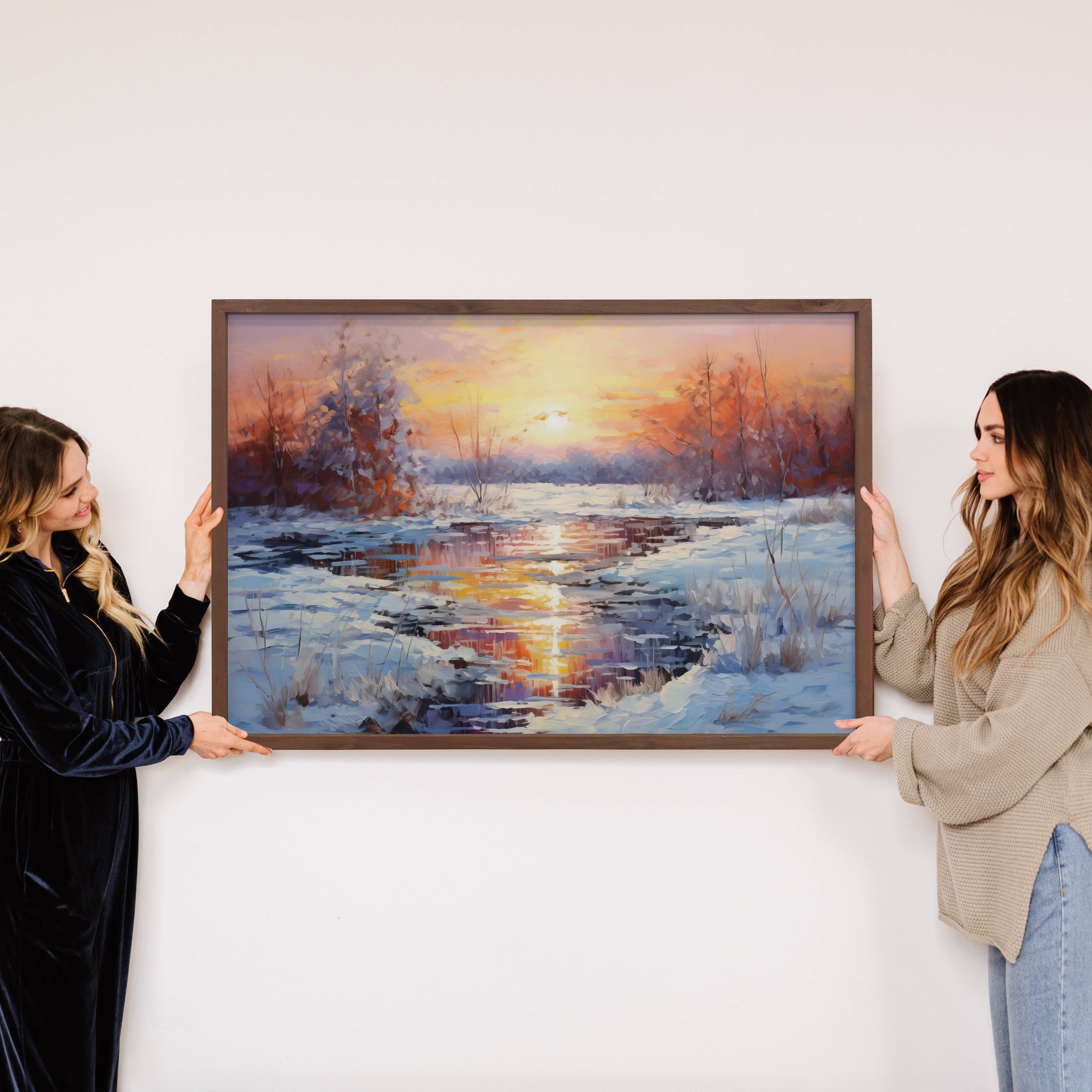 Winter River Sparkling Sunset - Winter Landscape Canvas Art