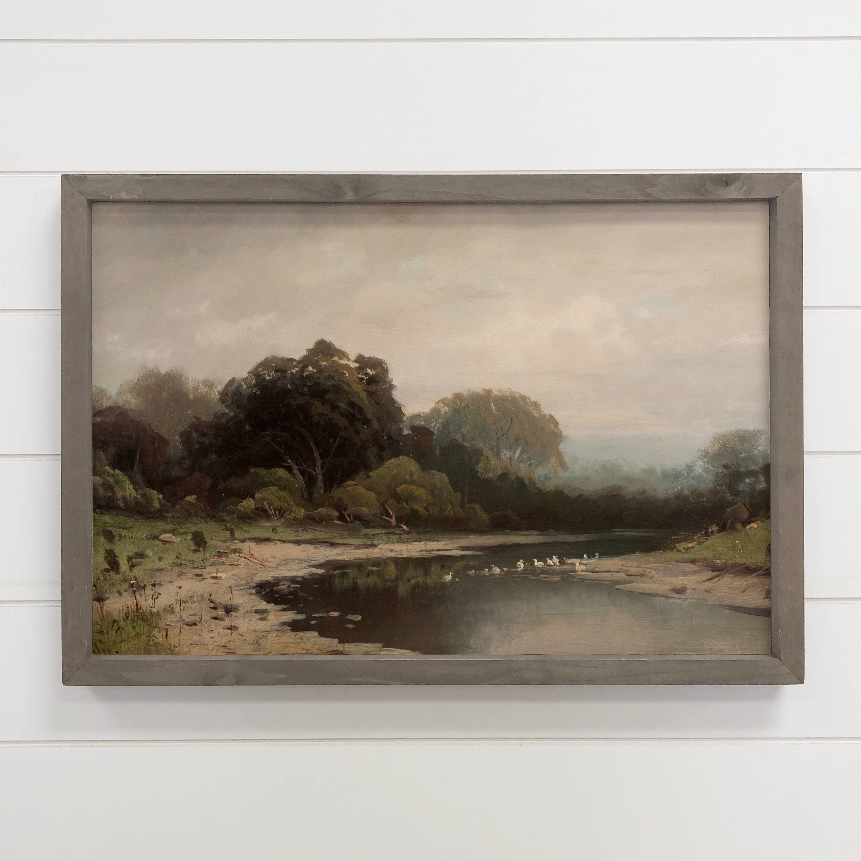 Gray Overcast River- River Landscape Canvas Art - Framed Art