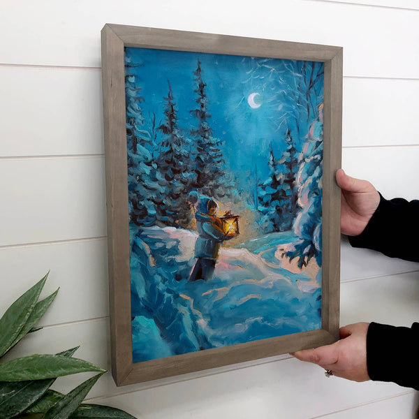 Winter Boy with Lantern Framed Blue Holiday Christmas Art