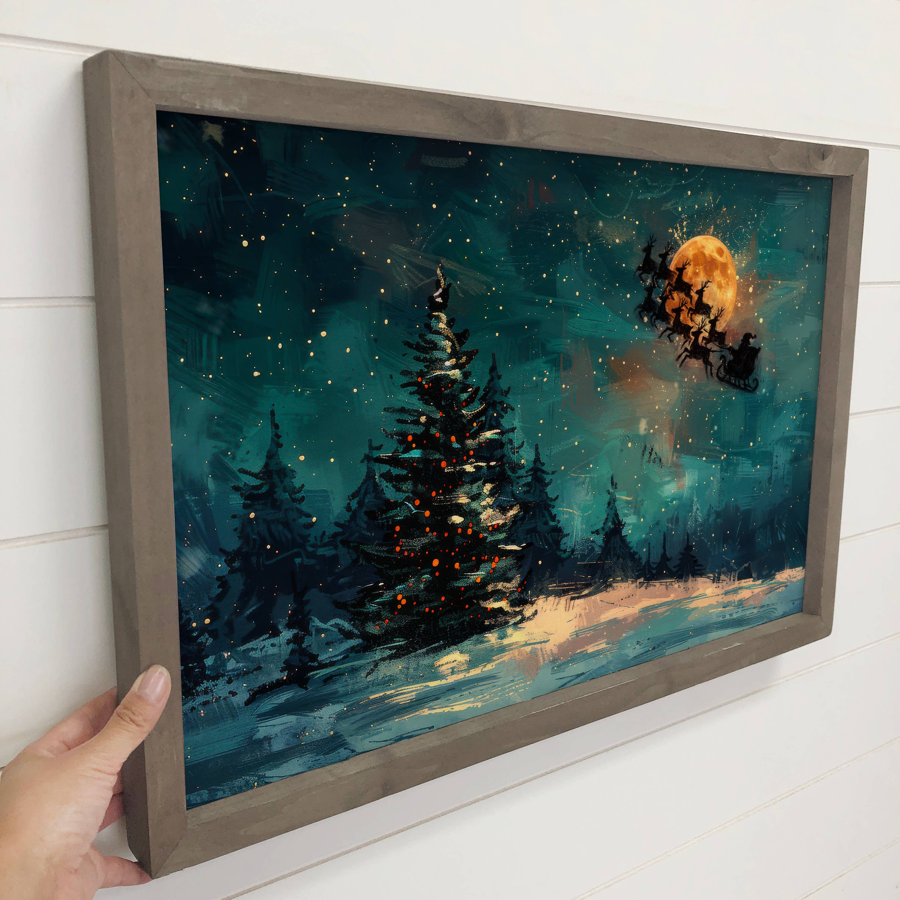 Santa Flying Past a Full Moon - Santa Canvas Art - Framed