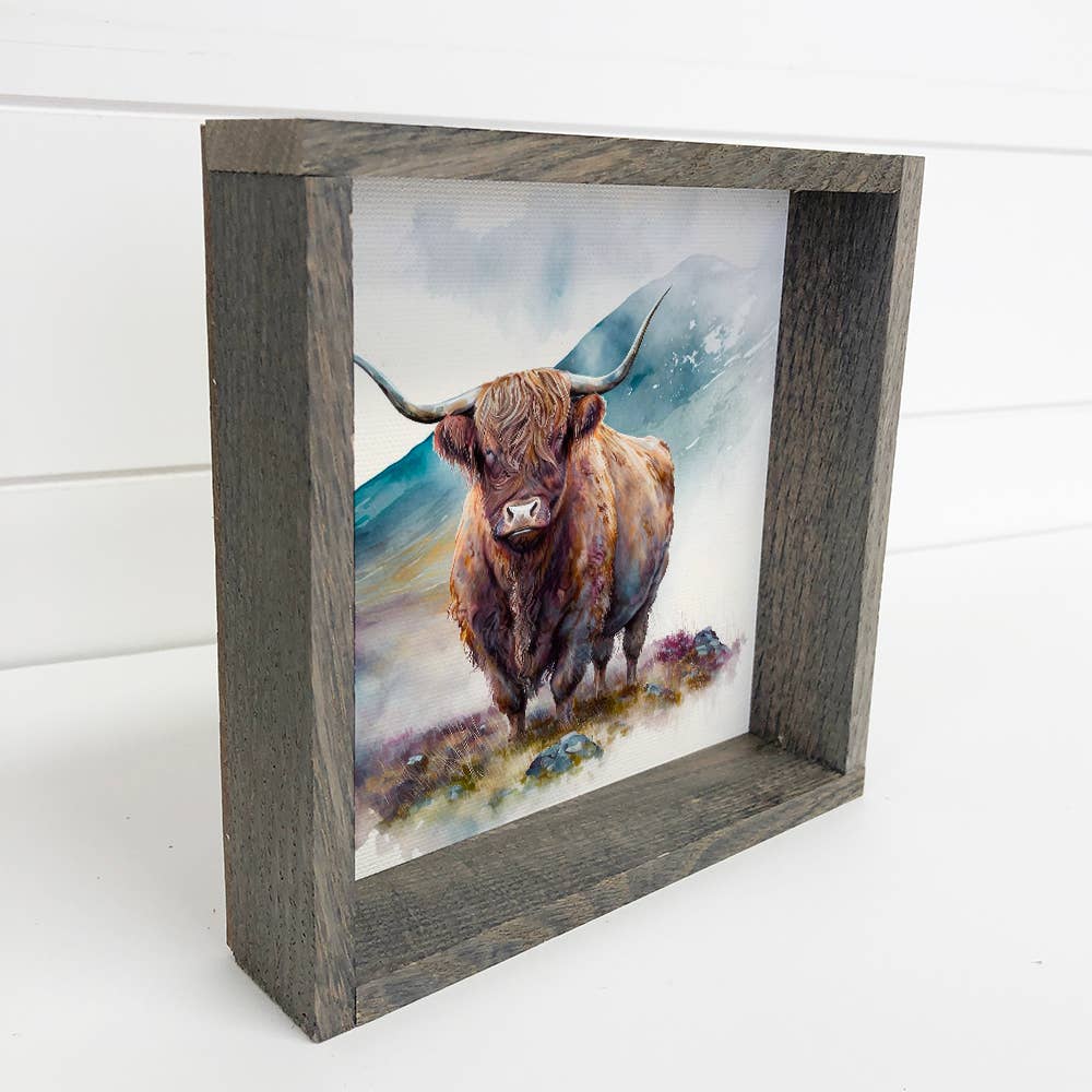 Highland Cow Watercolor Mountain - Art with Wooden Frame