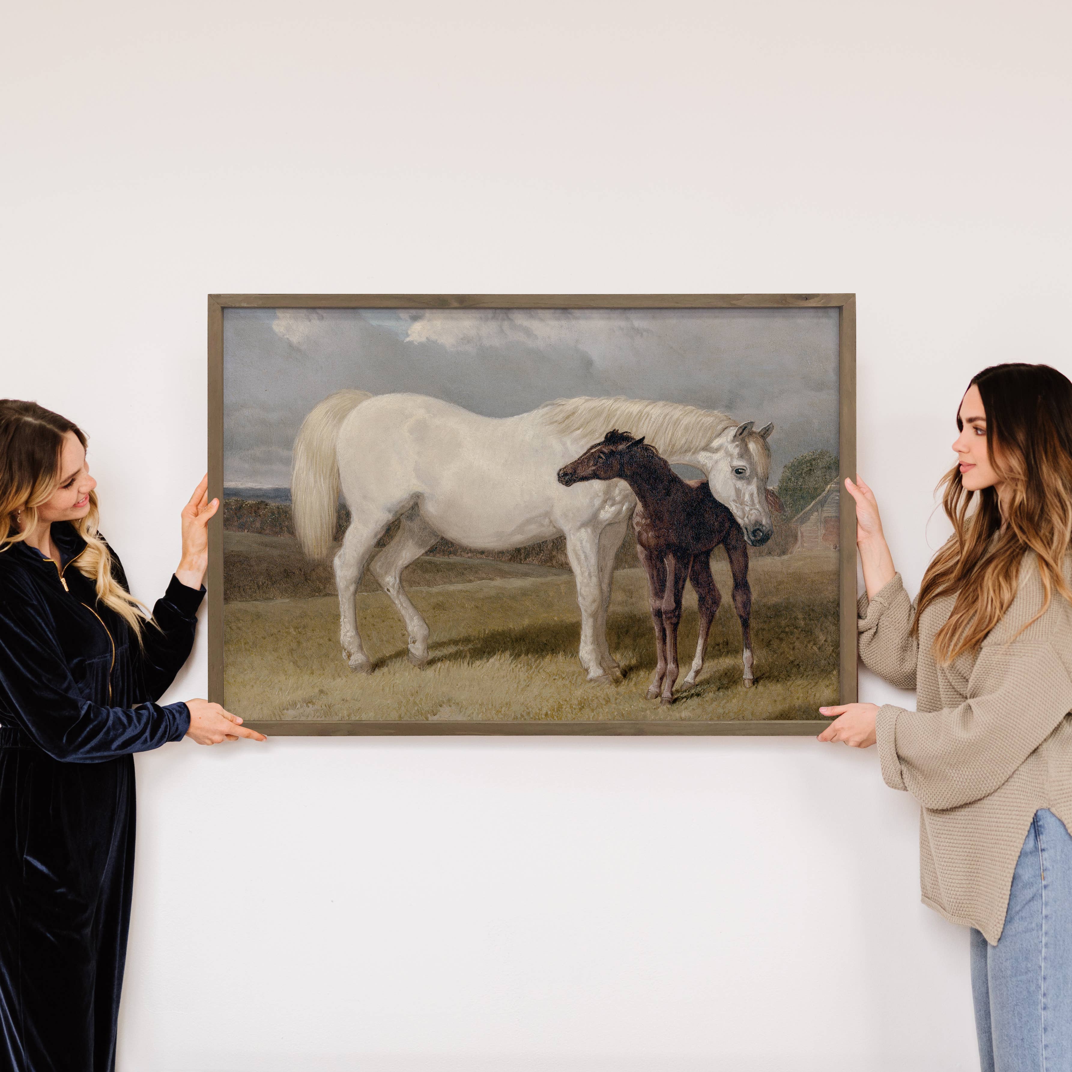 White Mare Brown Foal - Horse Canvas Art - Wood Framed Decor