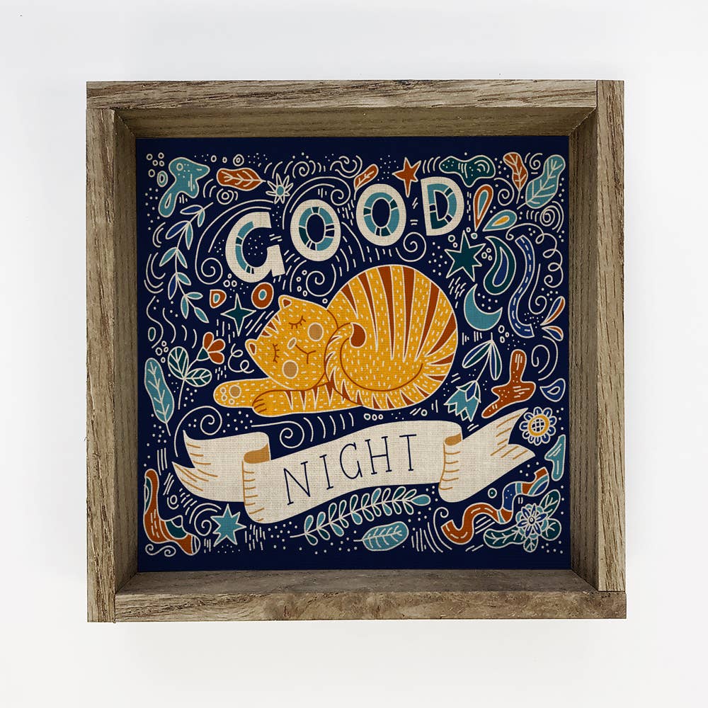 Folk Good Night Cat - Folk Animal Canvas Art - Bedroom Decor
