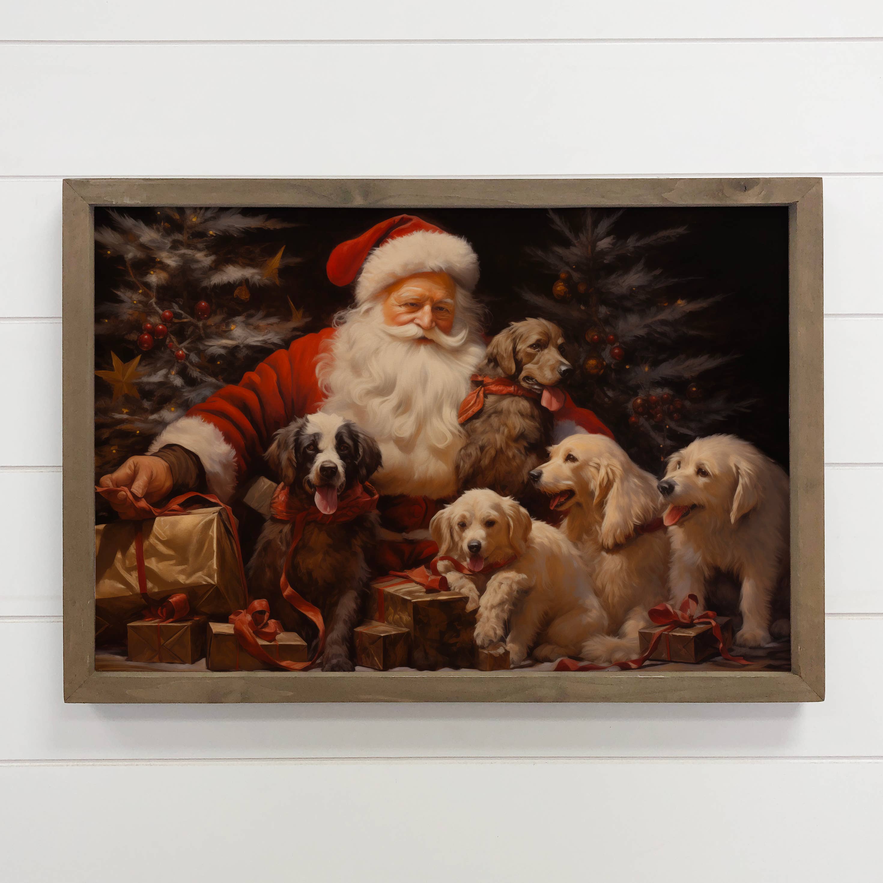 Santa with Dogs - Santa Canvas Art - Wood Framed Wall Art