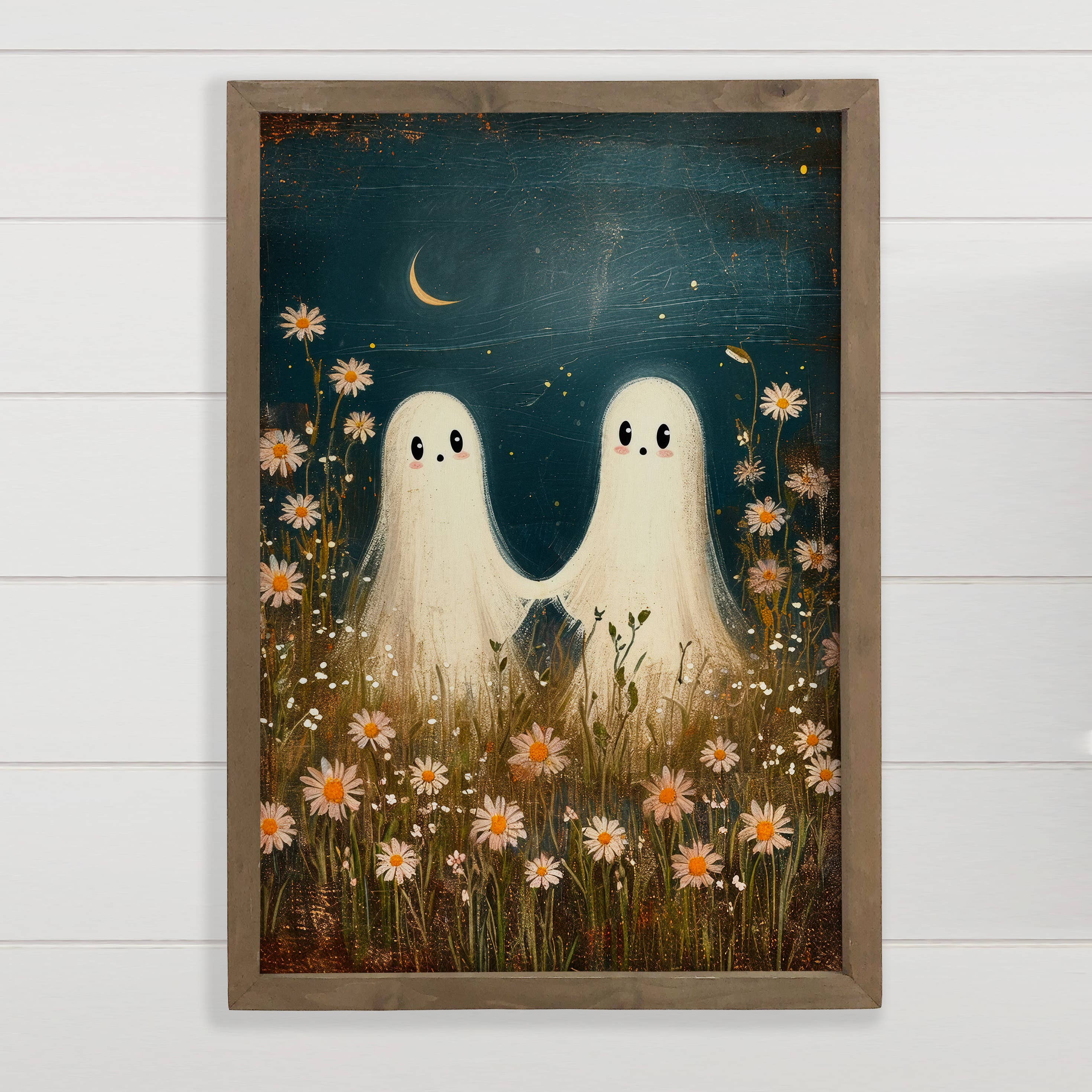 Two Cute Ghosts Holding Hands in Flowers - Halloween Artwork