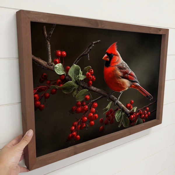 Cardinal Berry Branch - Nature Canvas Art with Wood Frame