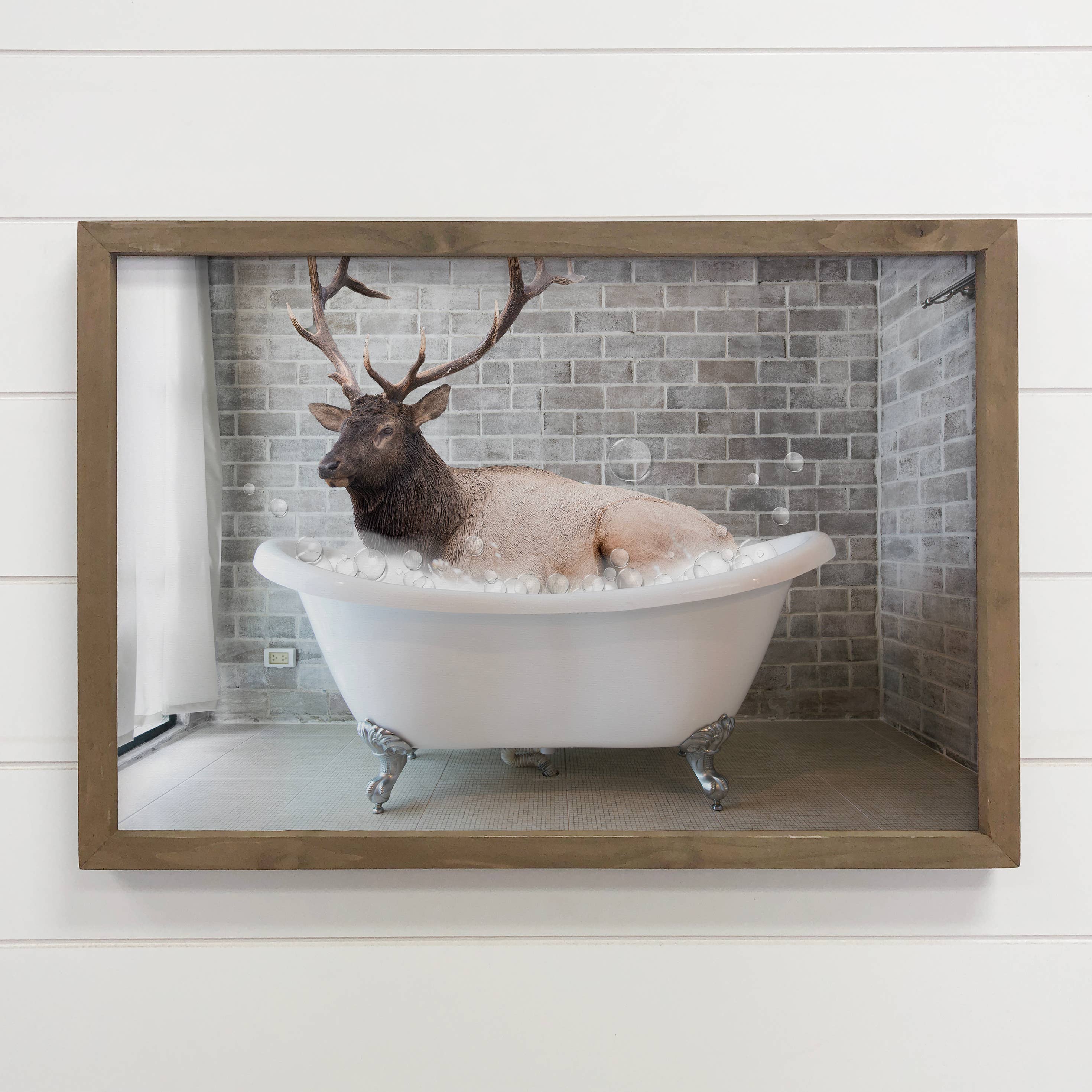 Elk in Bathtub - Bathroom Deer Canvas Wood Sign Framed