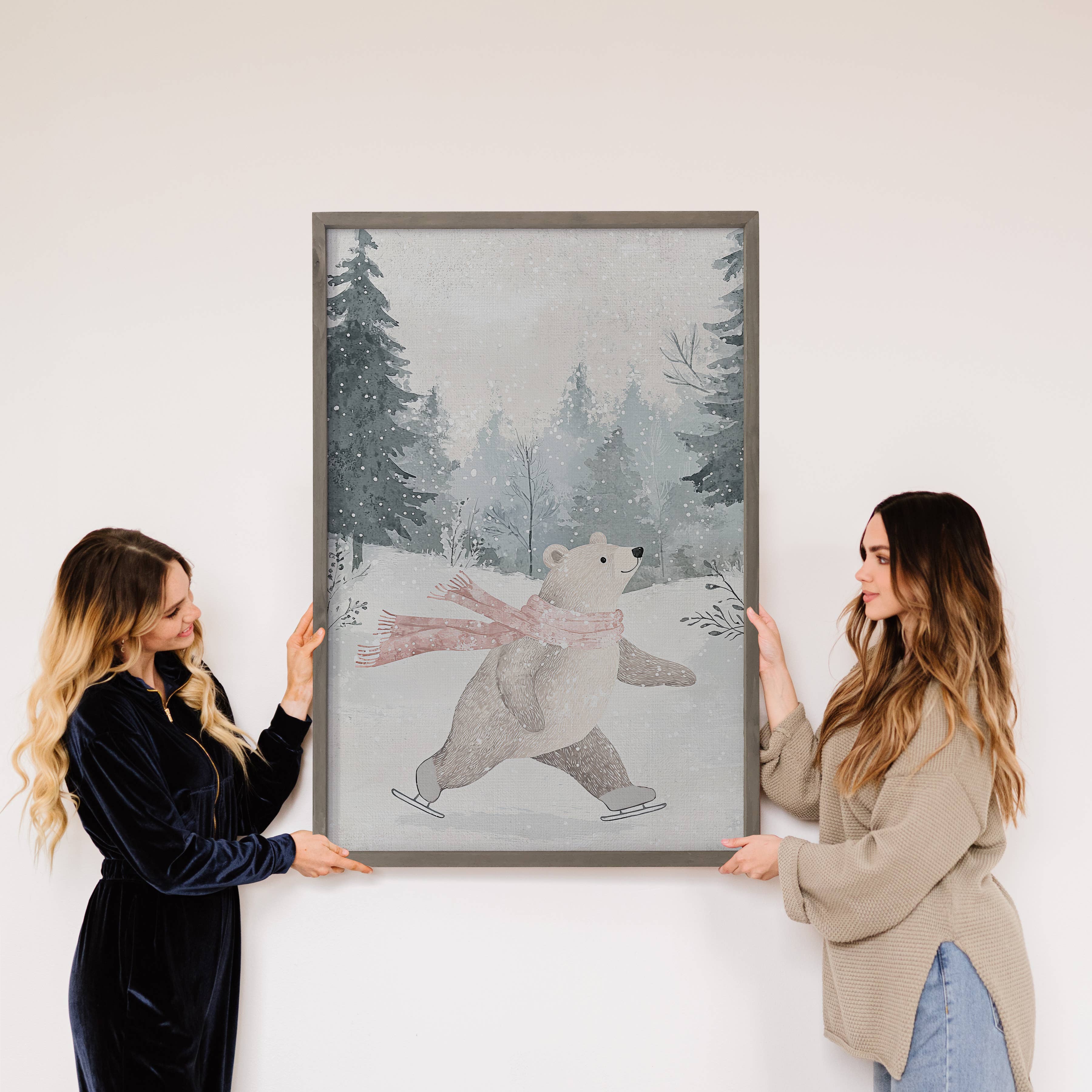 Ice Skating Bear - Cute Winter Animal Canvas Art - Framed