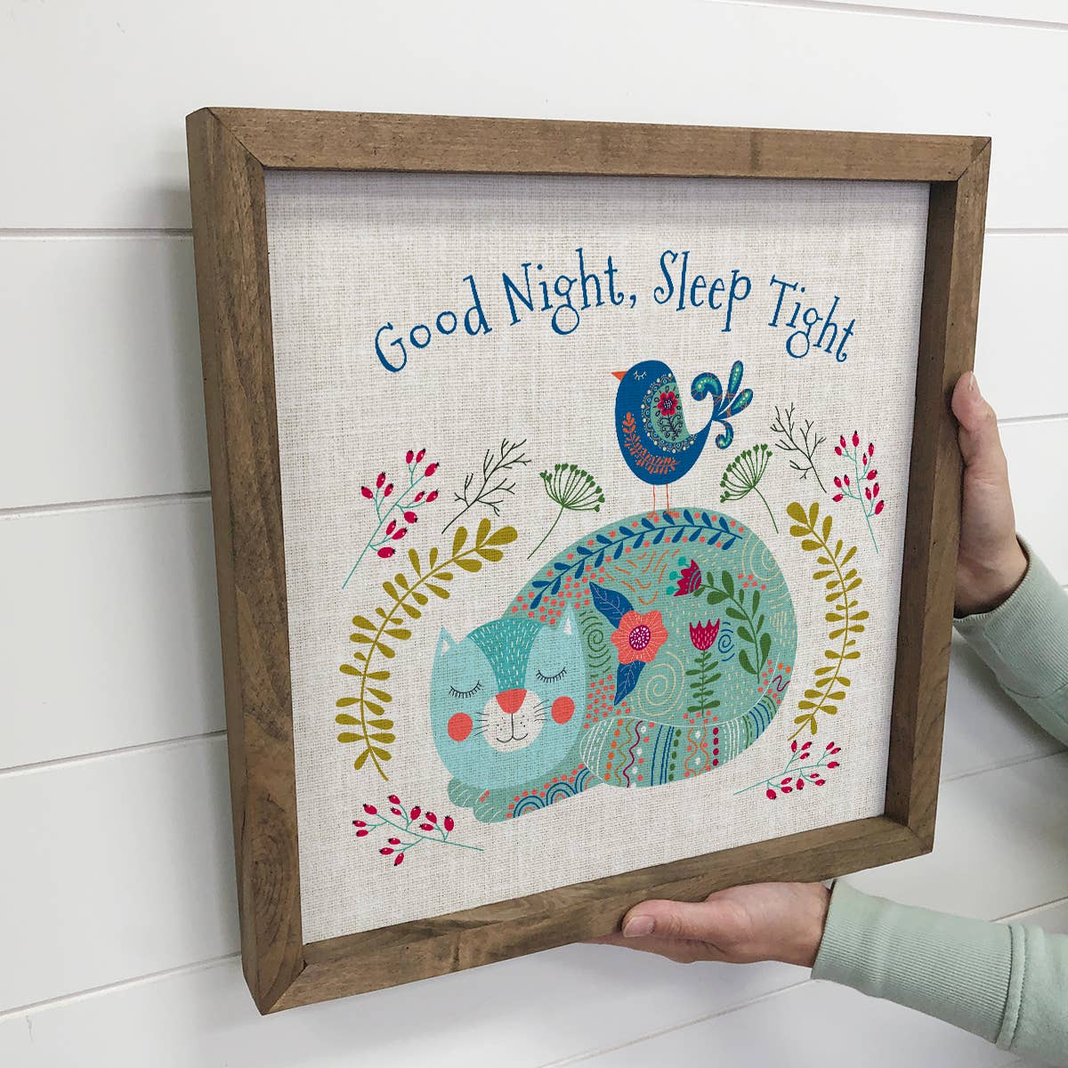 Folk Cat Good Night Sleep Tight Wall Art - Animal Folk Art