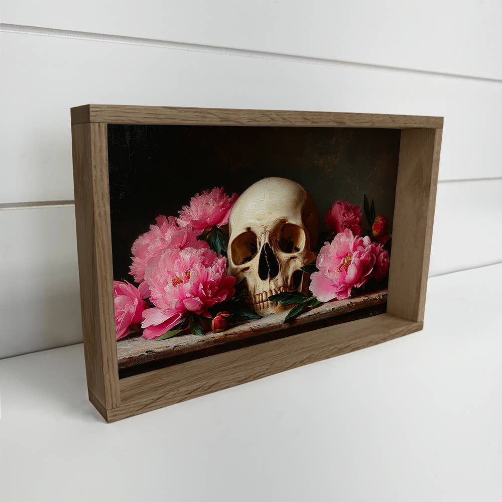 Skull with Pink Peonies - Skull Canvas Art - Framed Decor