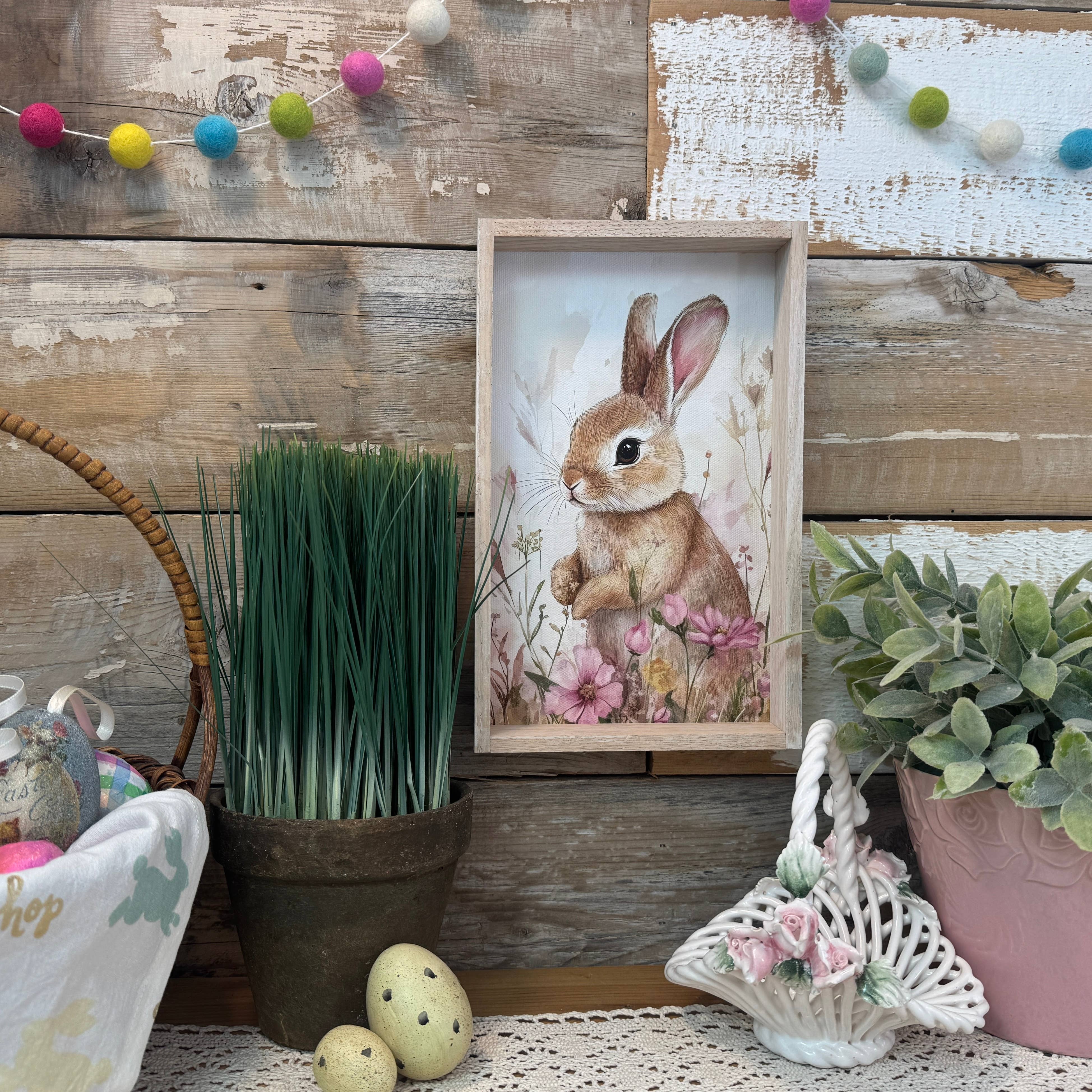 Sweet Brown Bunny Pink Flowers - Bunny Canvas Art - Framed