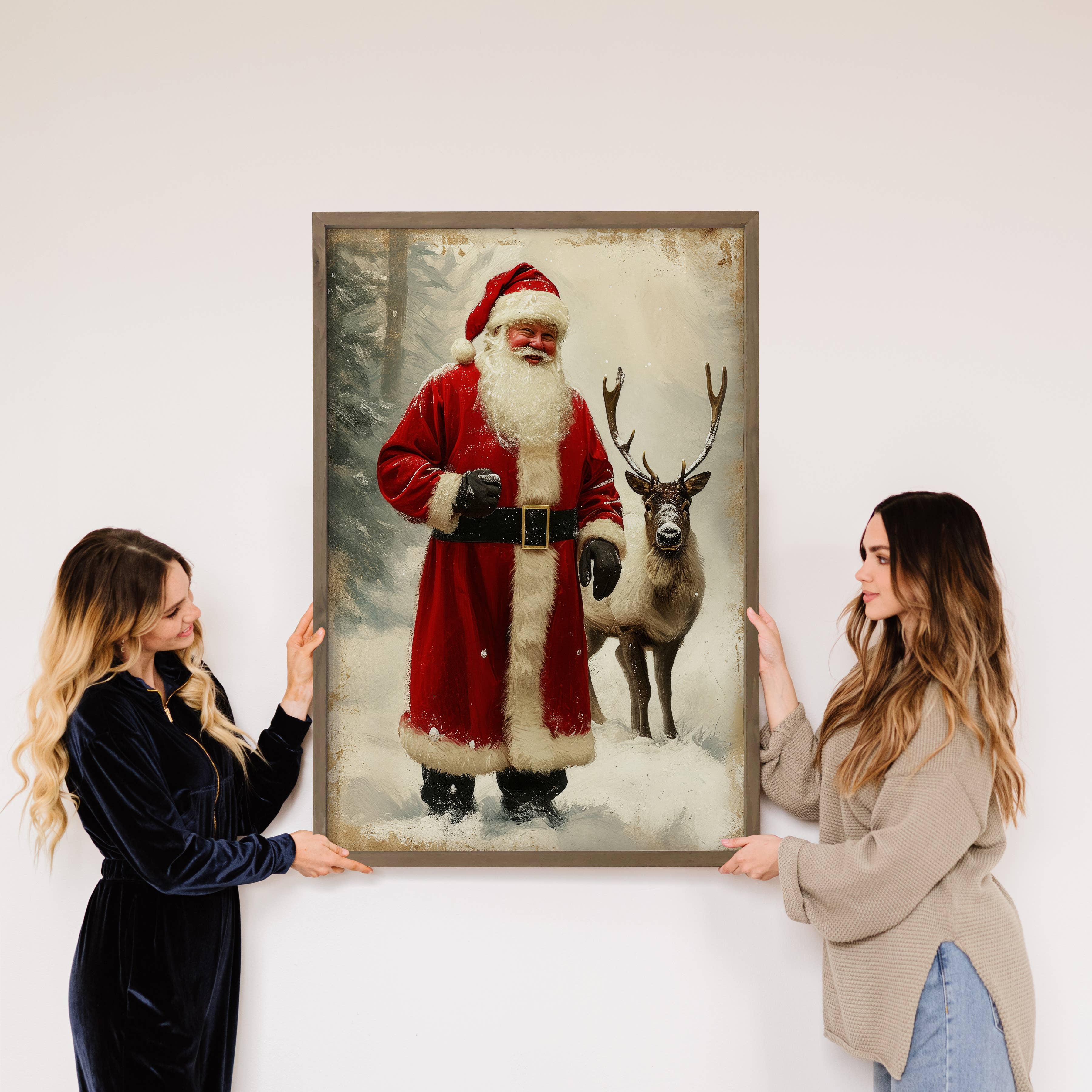 Santa Claus and Reindeer Friend - Holiday Canvas Art