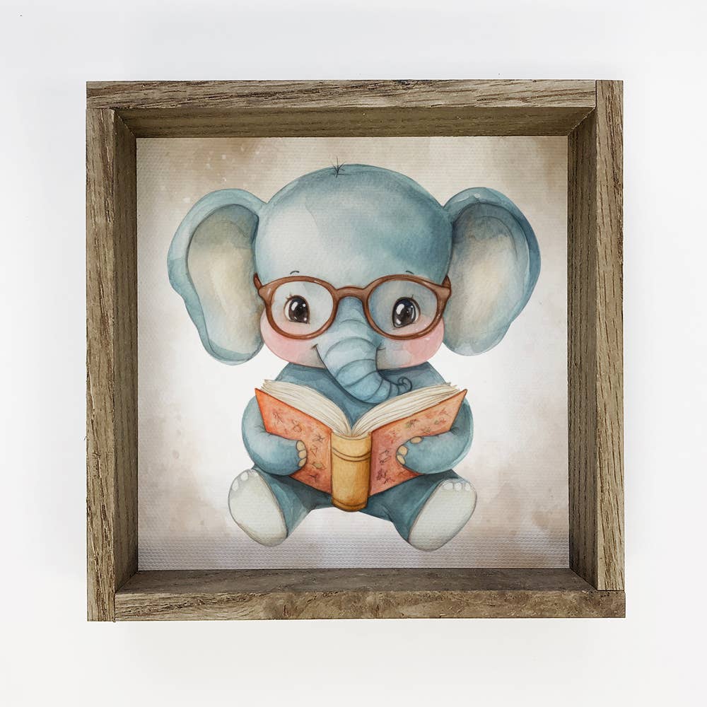 Elephant Reading Book - Cute Elephant Canvas Art - Framed