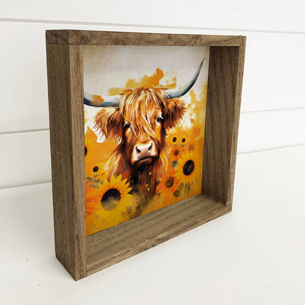 Highland Cow Sunflowers - Wood Framed Farmhouse Canvas Art
