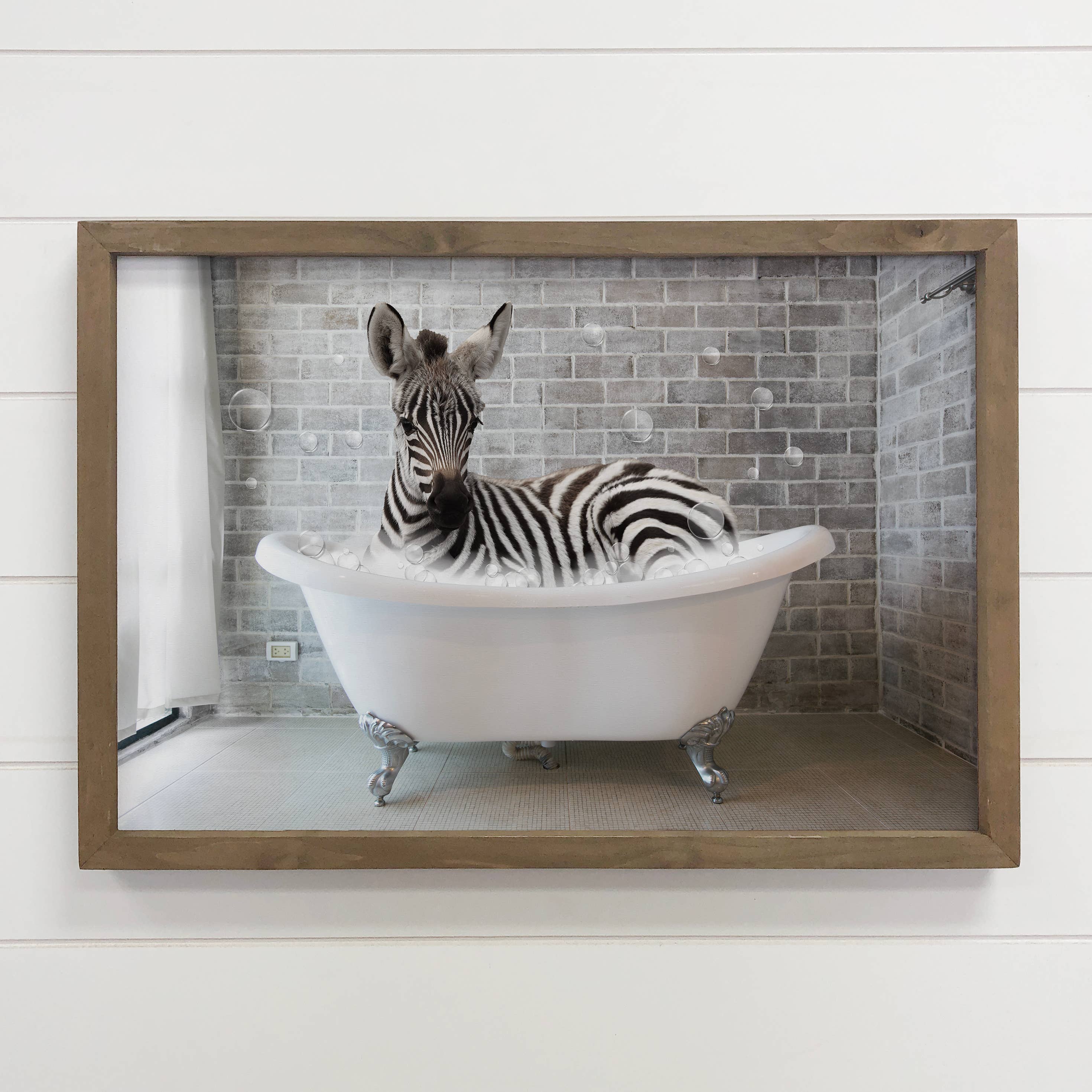 Zebra Bathtub Cute Bathroom Canvas Wood Sign Framed Art
