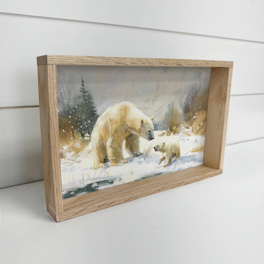 Polar Bear Mama Baby River Bank - Mountain Lodge Wall Art
