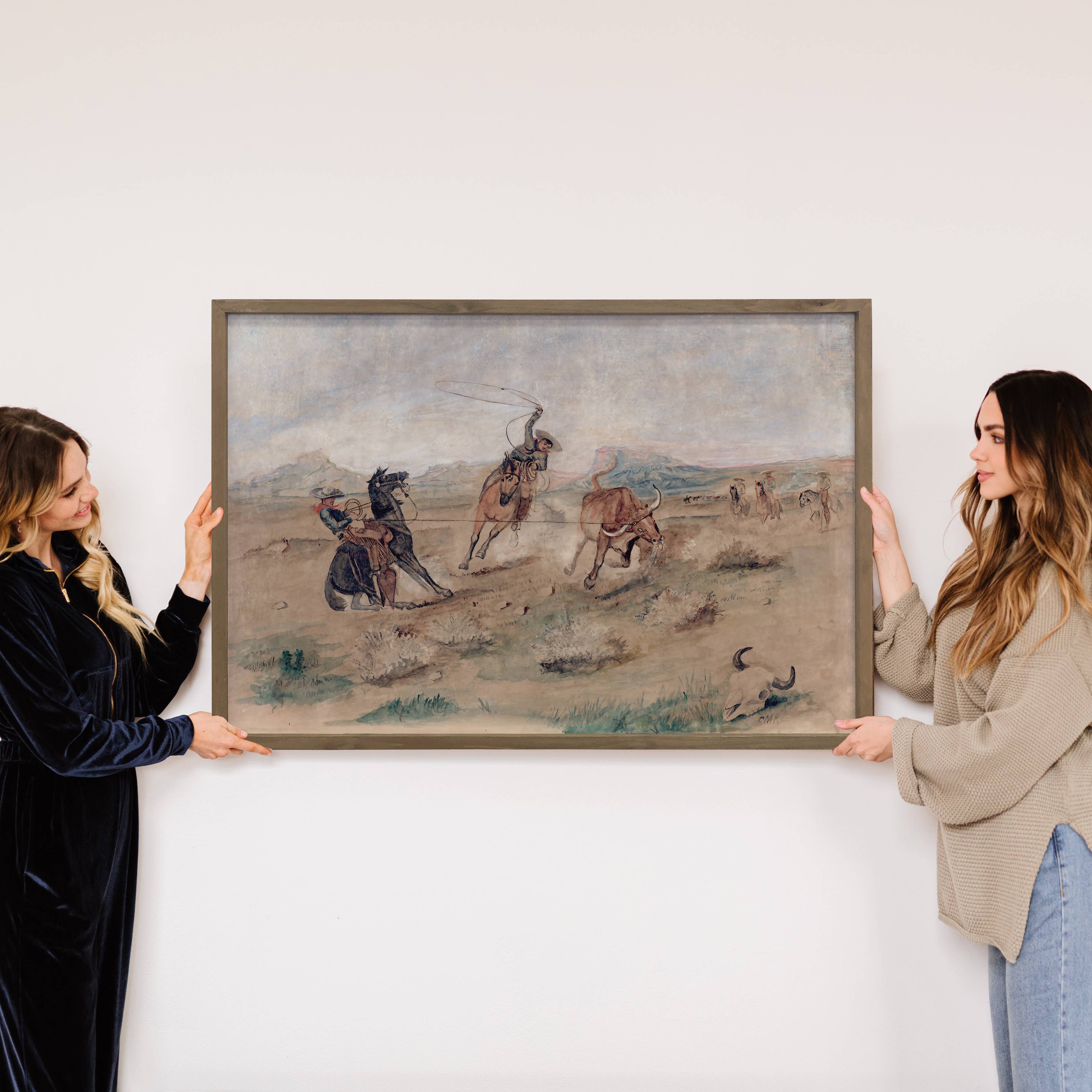 Cowboys Roping Bulls - Cowboy Canvas Art - Wood Framed Art