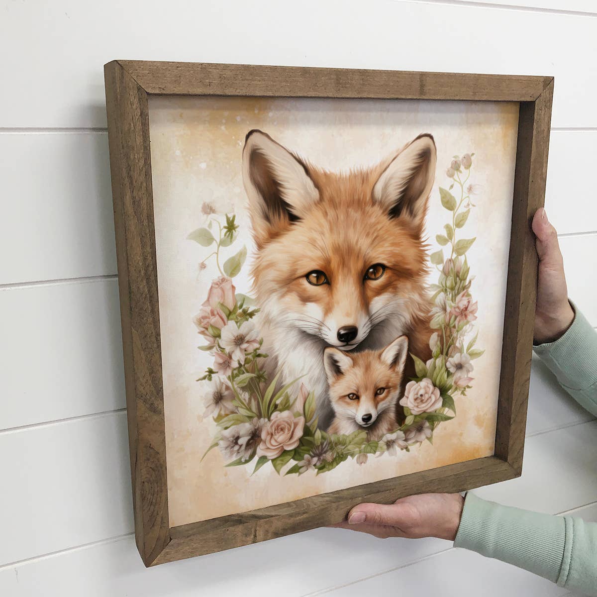 Mother Baby Fox Watercolor - Fox Canvas Art - Wood Framed
