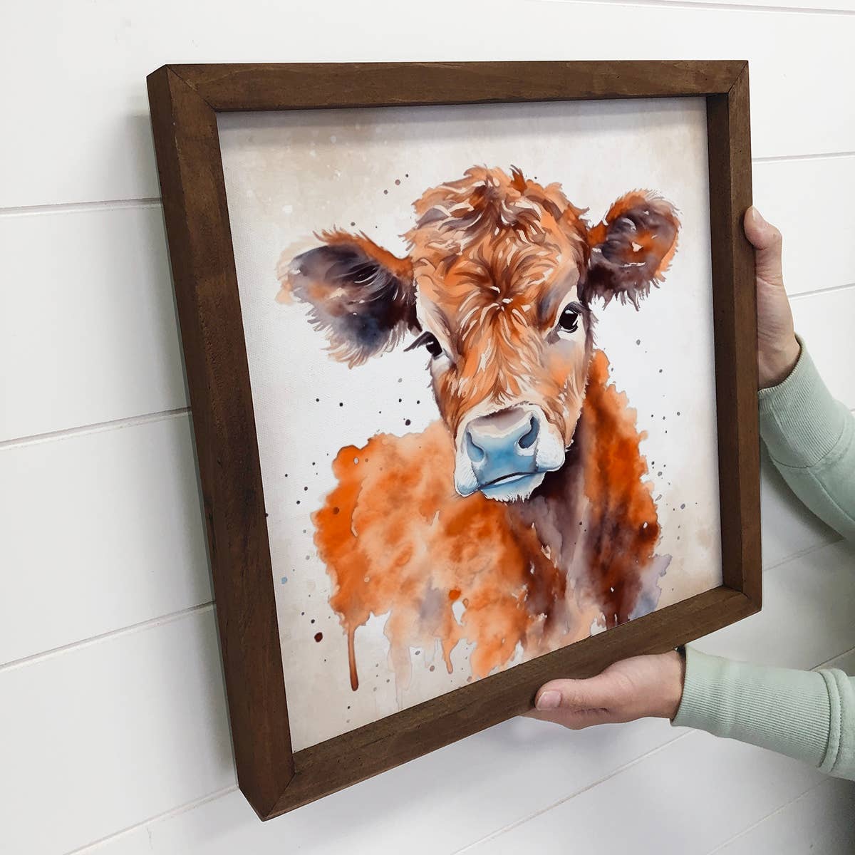 Brown Cow Watercolor - Brown Cow Art with Dark Wood Frame