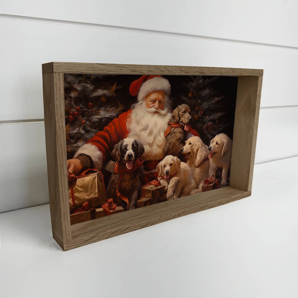 Santa with Dogs - Santa Canvas Art - Wood Framed Wall Art
