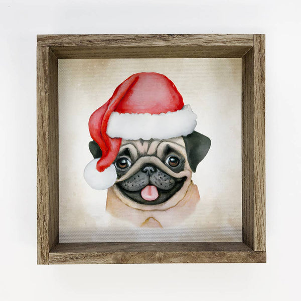 Pug Dog Pet Painting in Santa Hat Christmas Canvas Sign
