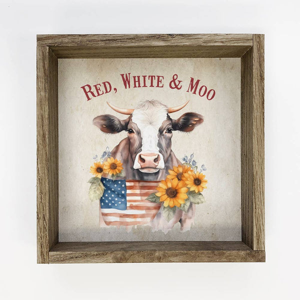 Red, White and Moo - Cute America Sign - Farm Animal Art