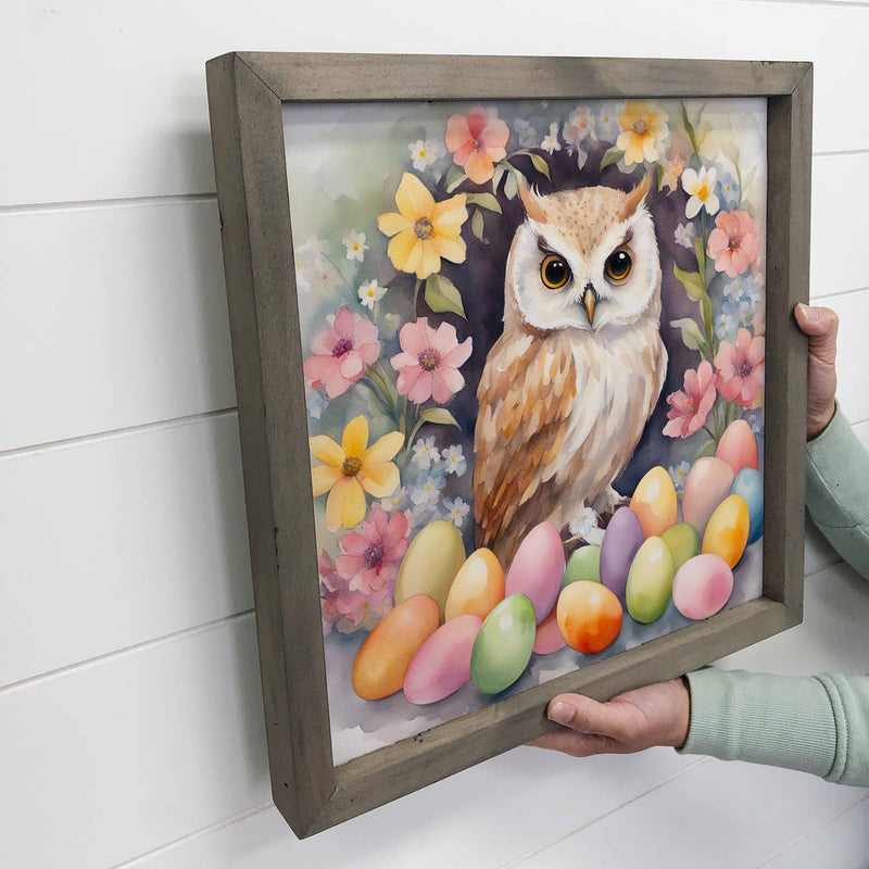 Easter Eggs Owl - Springtime Owl Canvas Art - Wood Framed