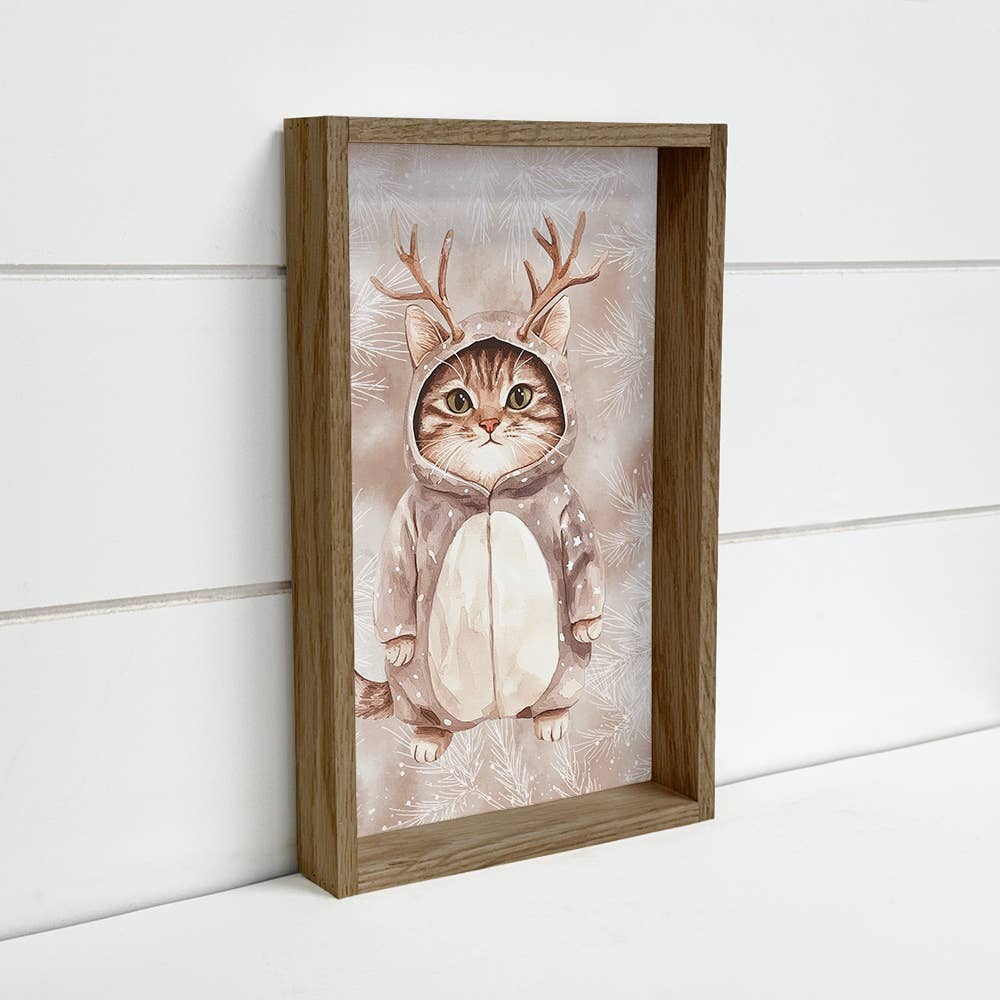 Cat Deer Snowsuit - Funny Winter Animal Canvas Art - Framed