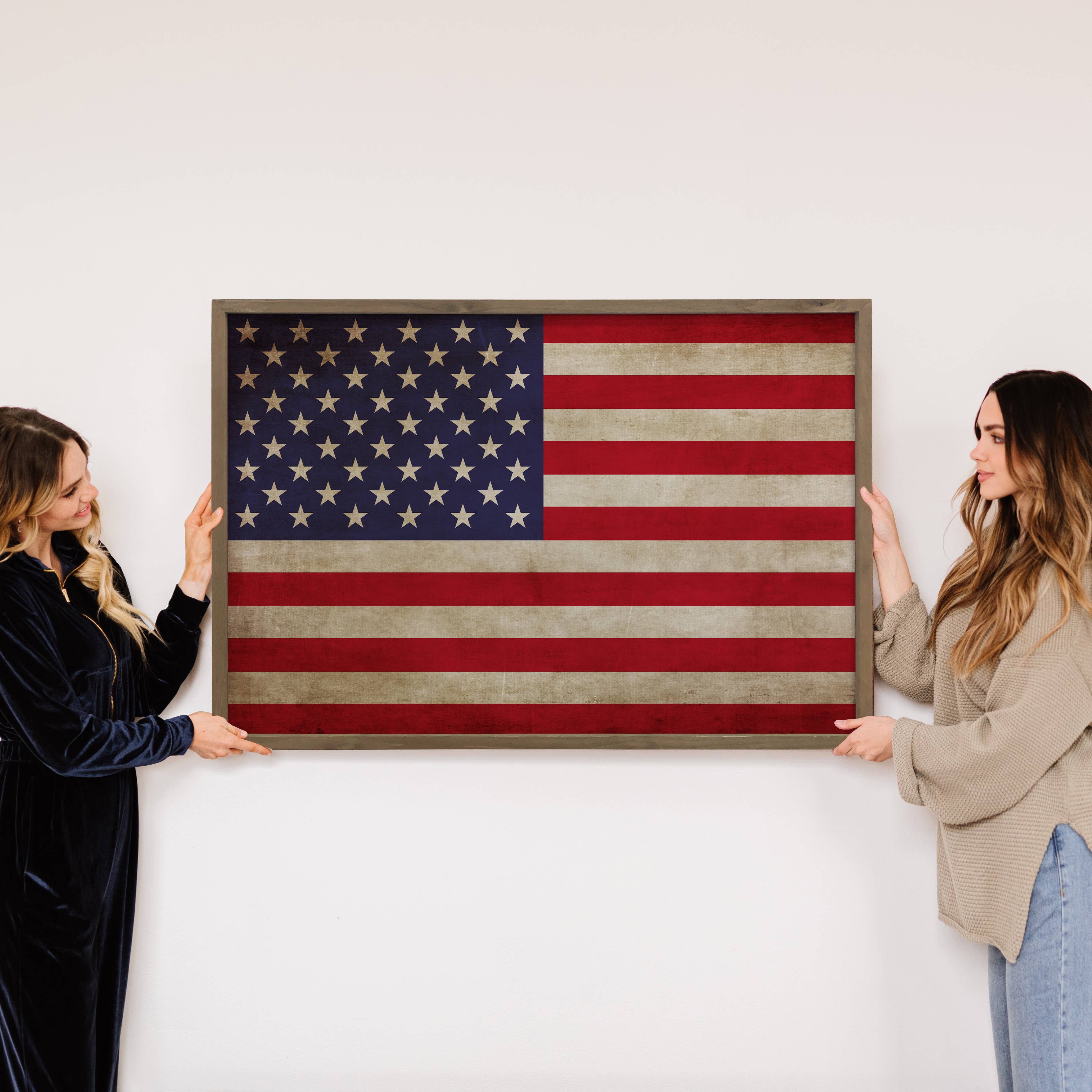 American Flag Vintage - Patriotic Canvas Art - Wood Framed