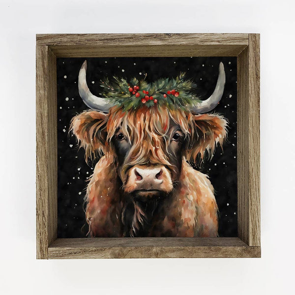 Highland Cow Christmas Black Background - Holiday Animal Art