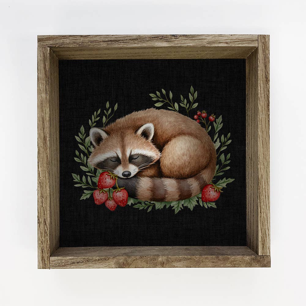 Sleeping Raccoon Woodland Berries - Cute Raccoon Canvas Art