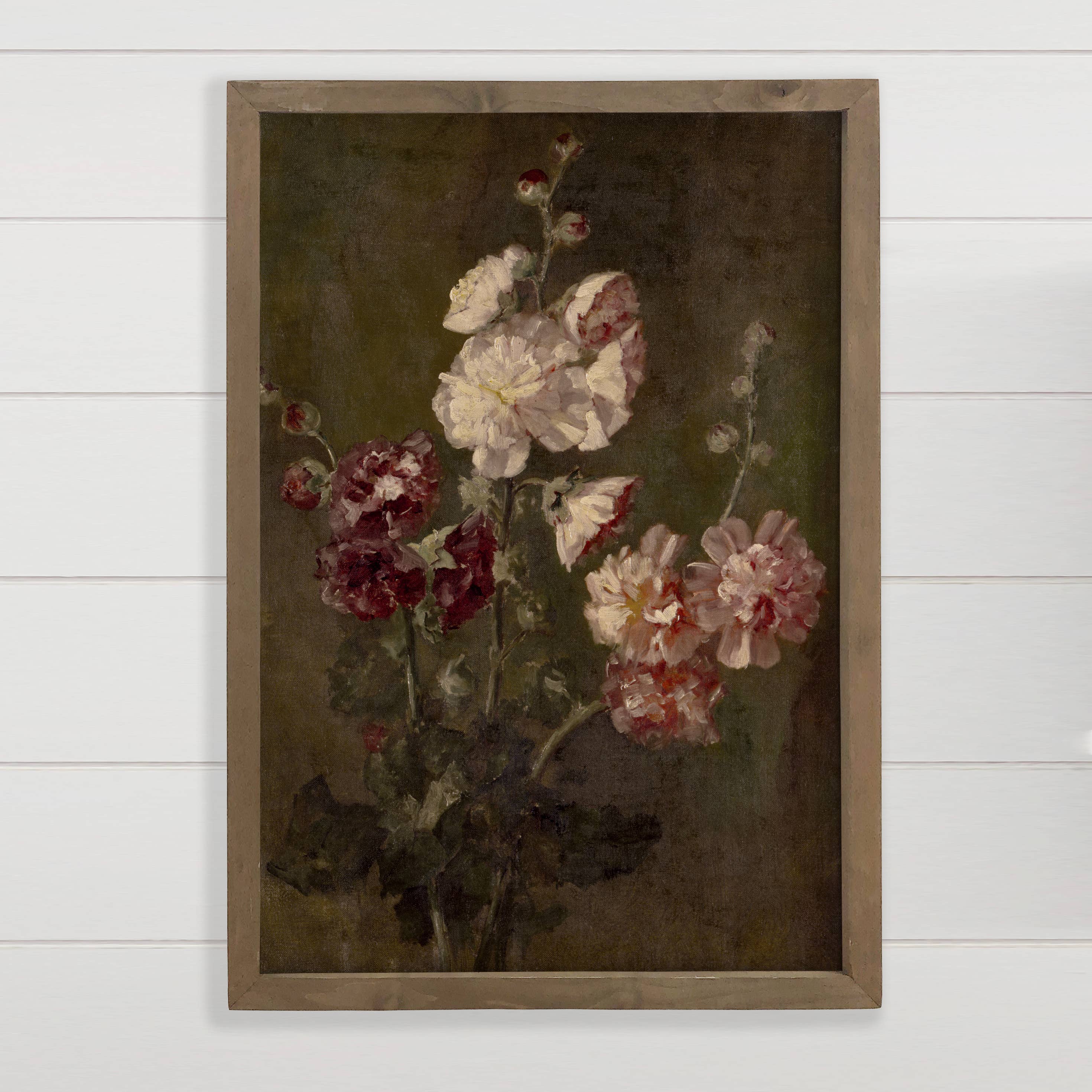 Vintage Hollyhocks - Flower Canvas Art - Wood Framed Art
