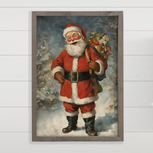 Vintage Santa Carrying Bag - Canvas Holiday Art - Wood Frame
