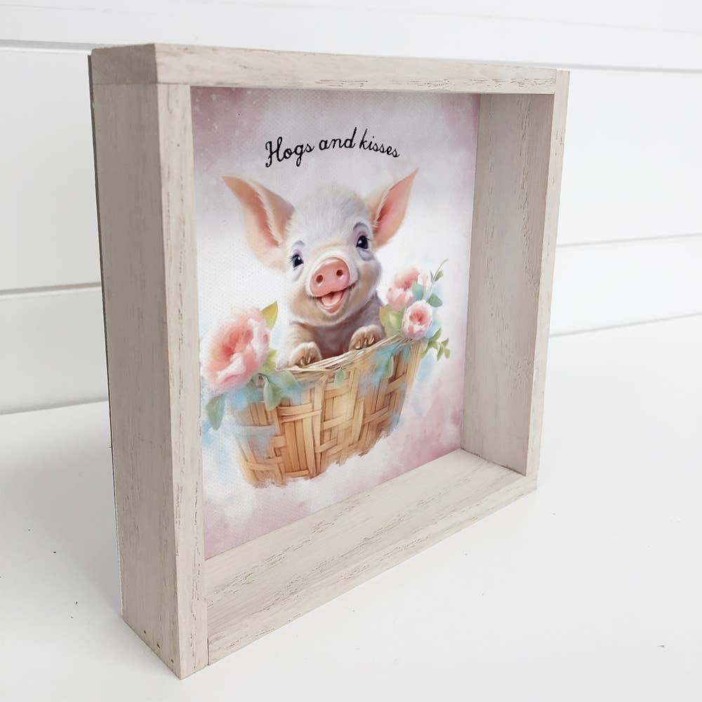 Hogs and Kisses Pig in a Basket - Spring Time Pig Canvas Art