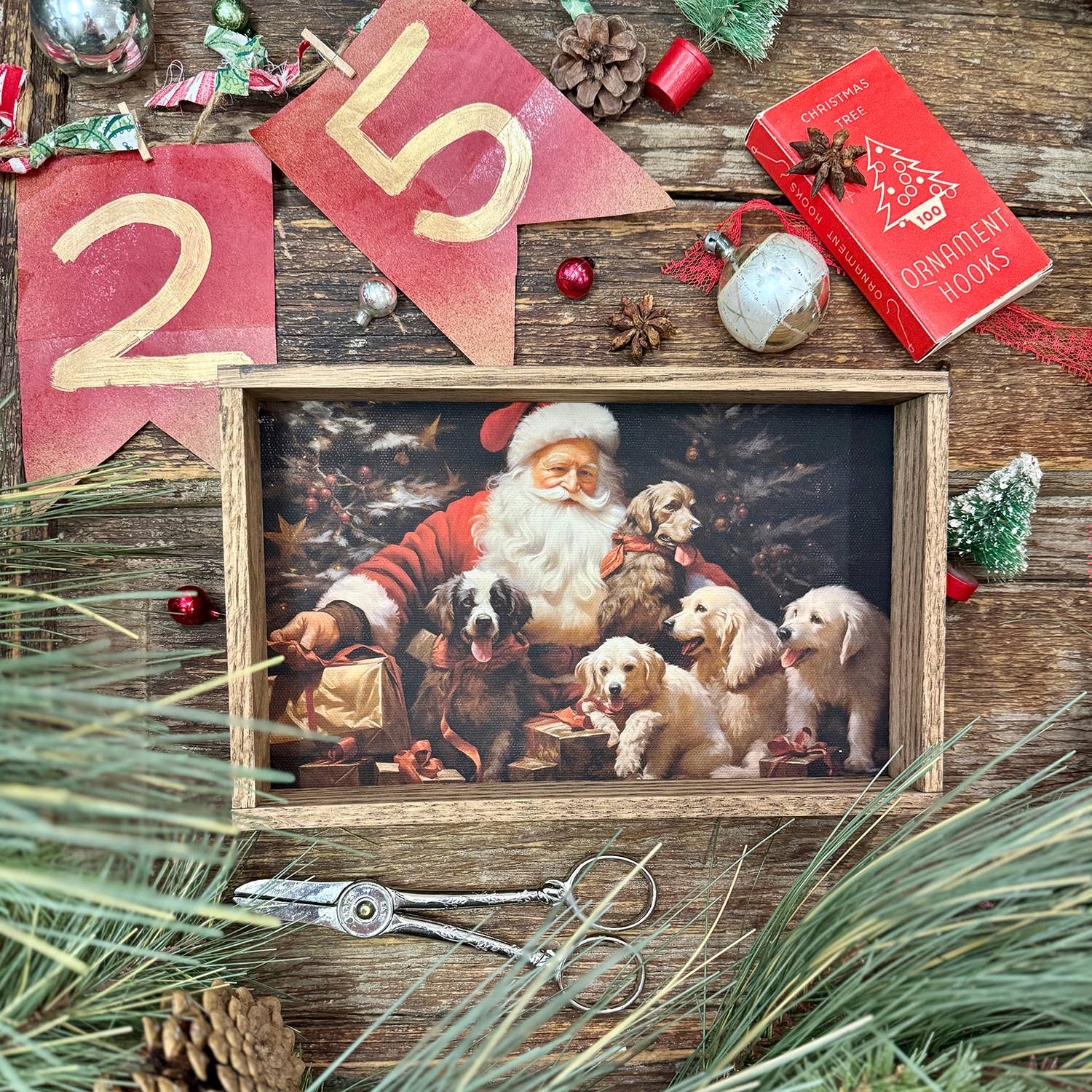 Santa with Dogs - Santa Canvas Art - Wood Framed Wall Art