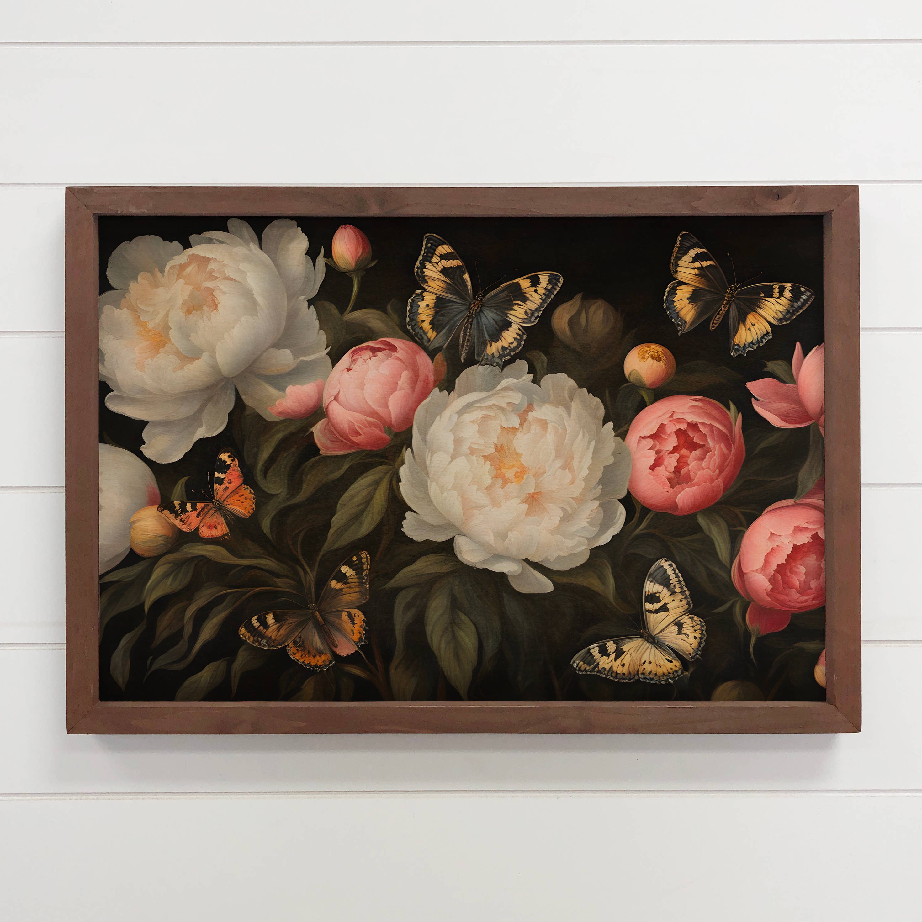 Peonies Butterfly - Nature Canvas Art - Wood Framed Florals