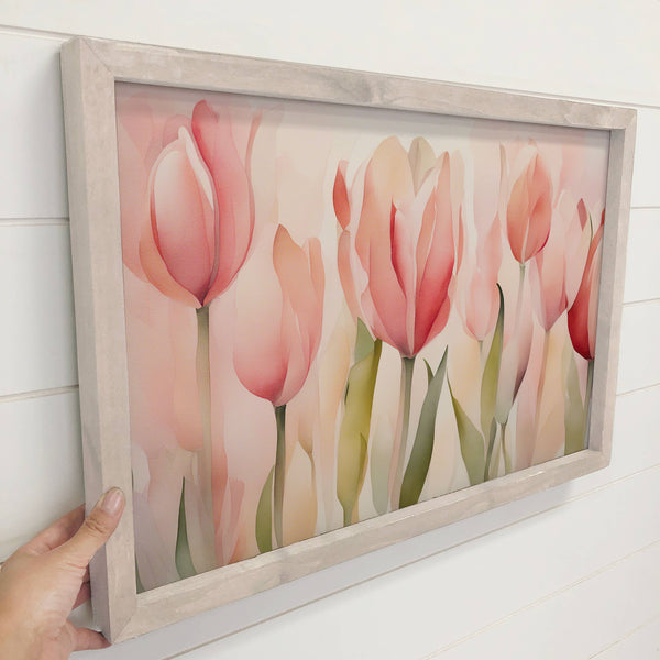Soft Pink Tulips - Spring Flower Canvas Art - Wood Framed