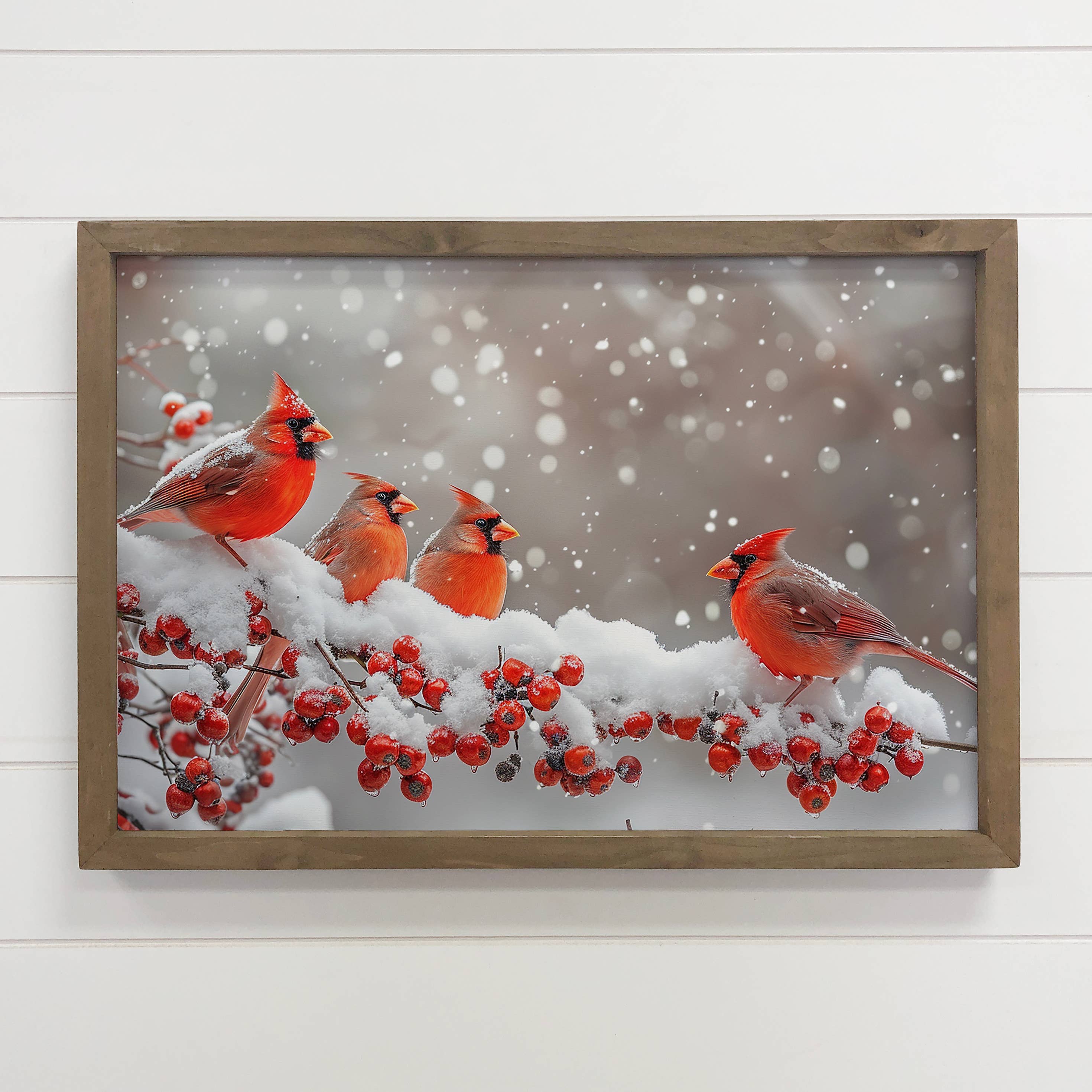 Cardinals on Winter Berry Branch - Wildlife Canvas Art