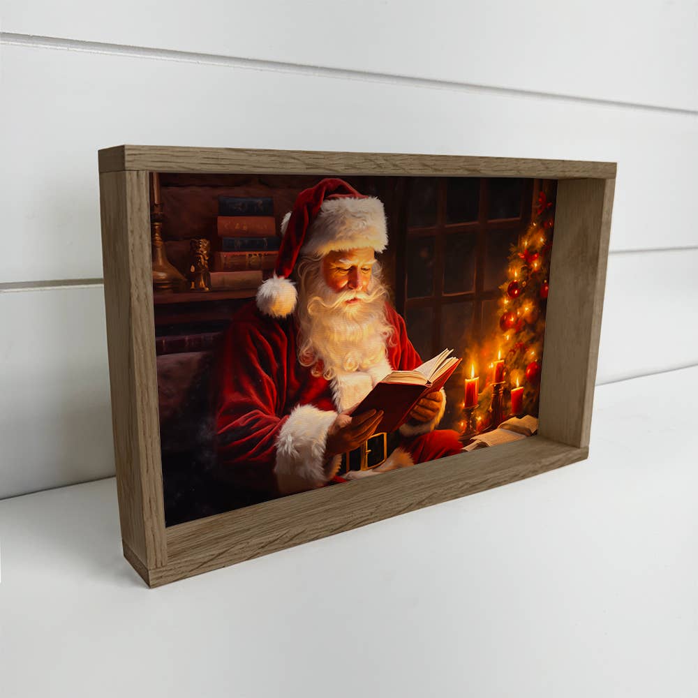 Santa Reading a Book - Santa Canvas Art - Wood Framed Decor