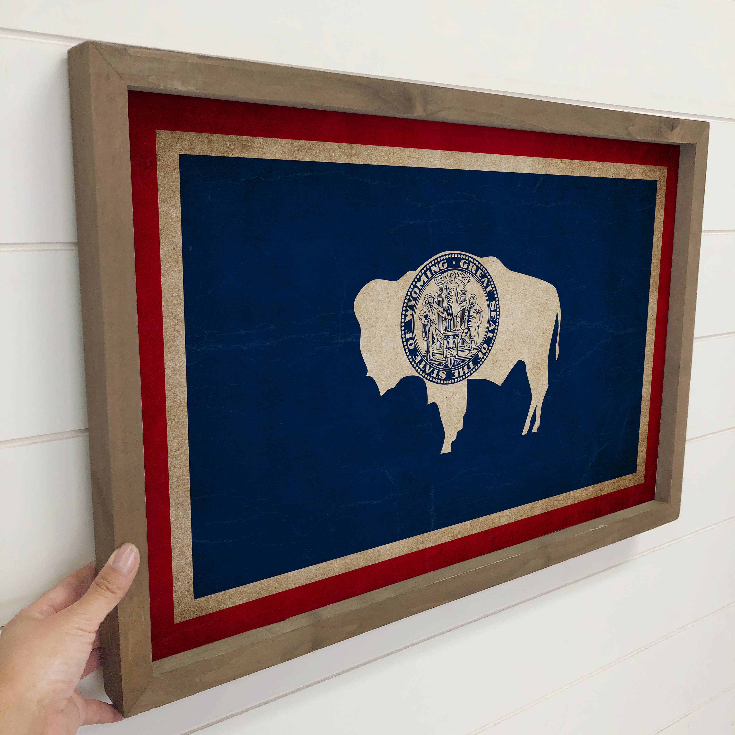 Wyoming Vintage Flag - State Flag Canvas Art - Wood Framed