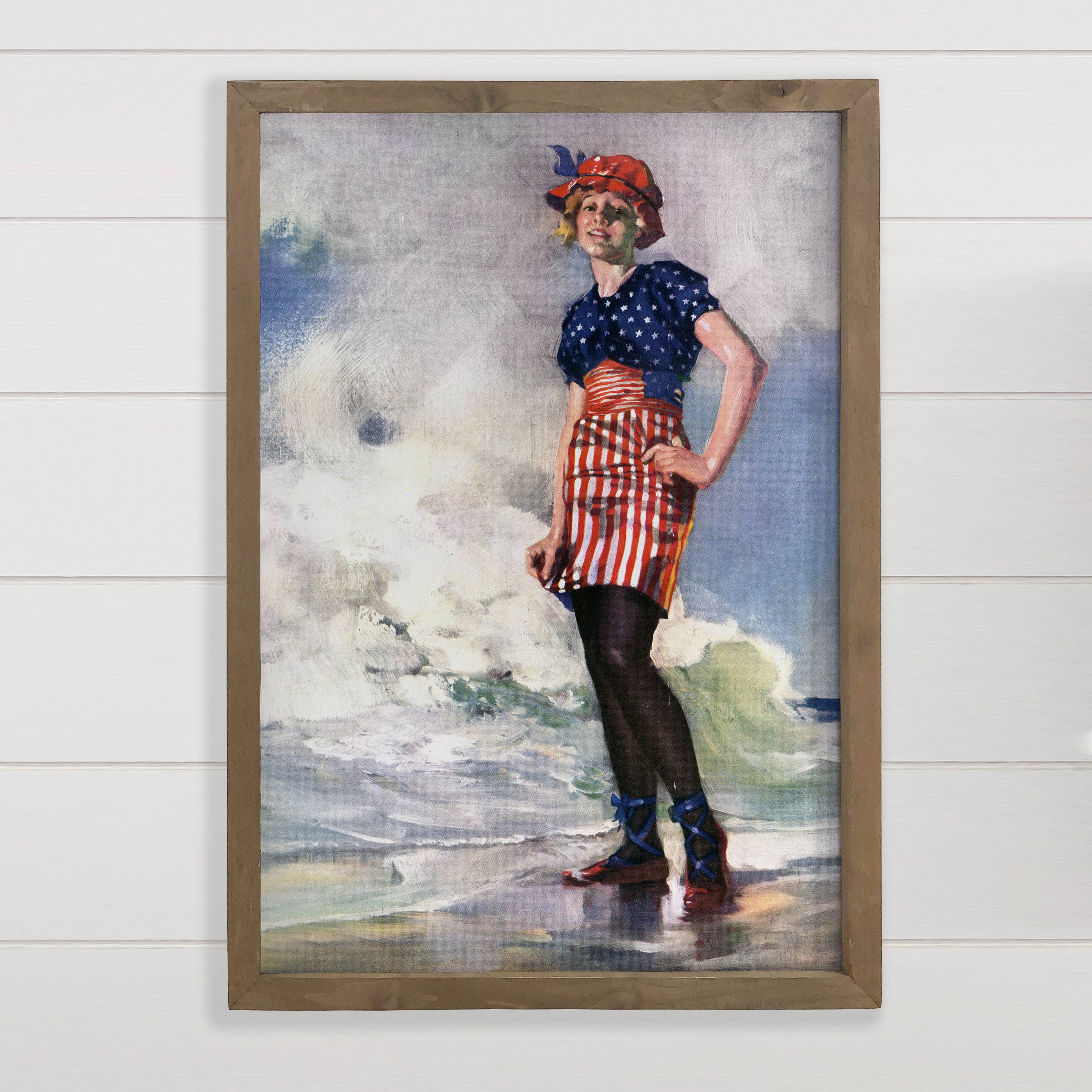 Vintage Flag Girl - Vintage Patriotic Canvas Art - Framed