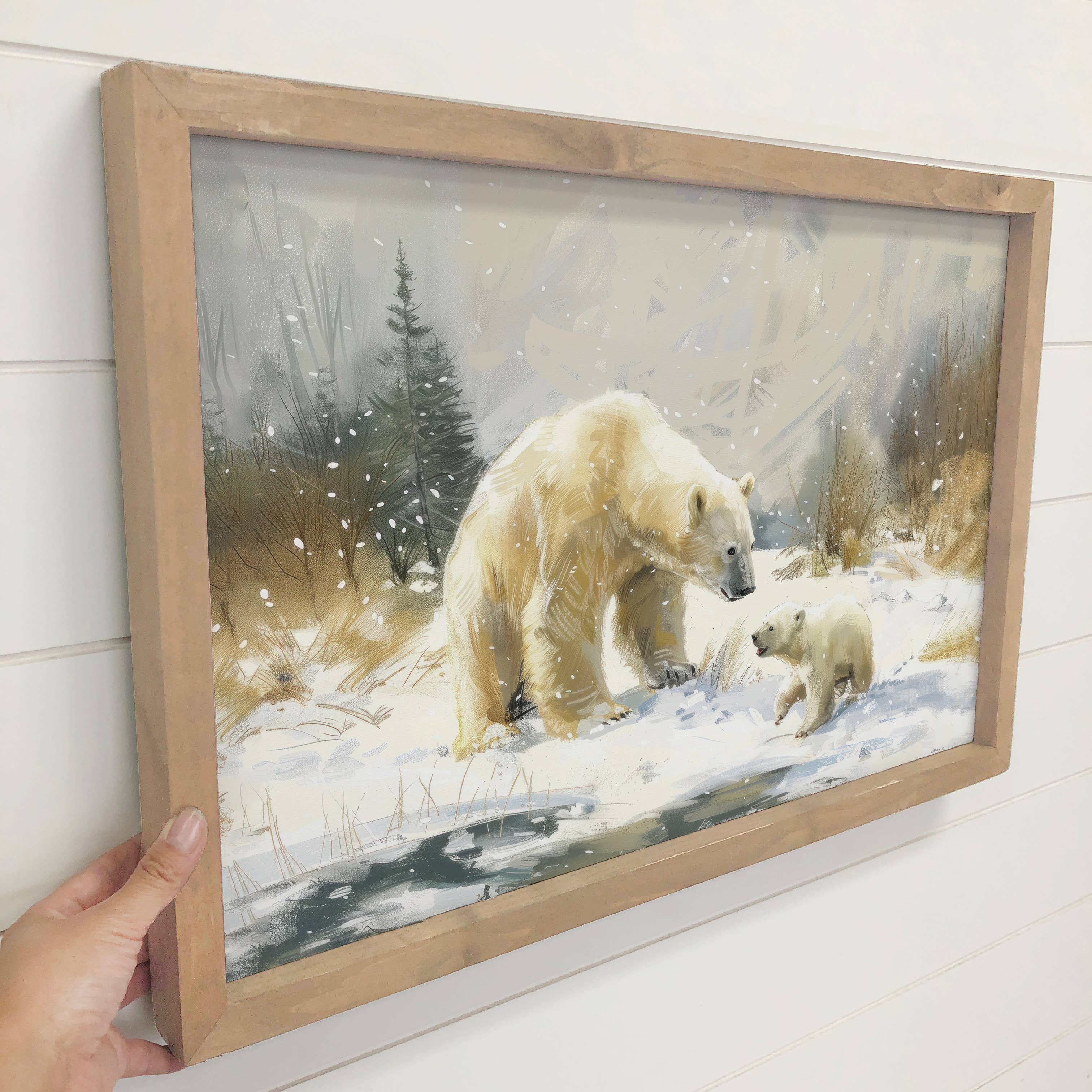 Polar Bear Mama Baby River Bank - Mountain Lodge Wall Art