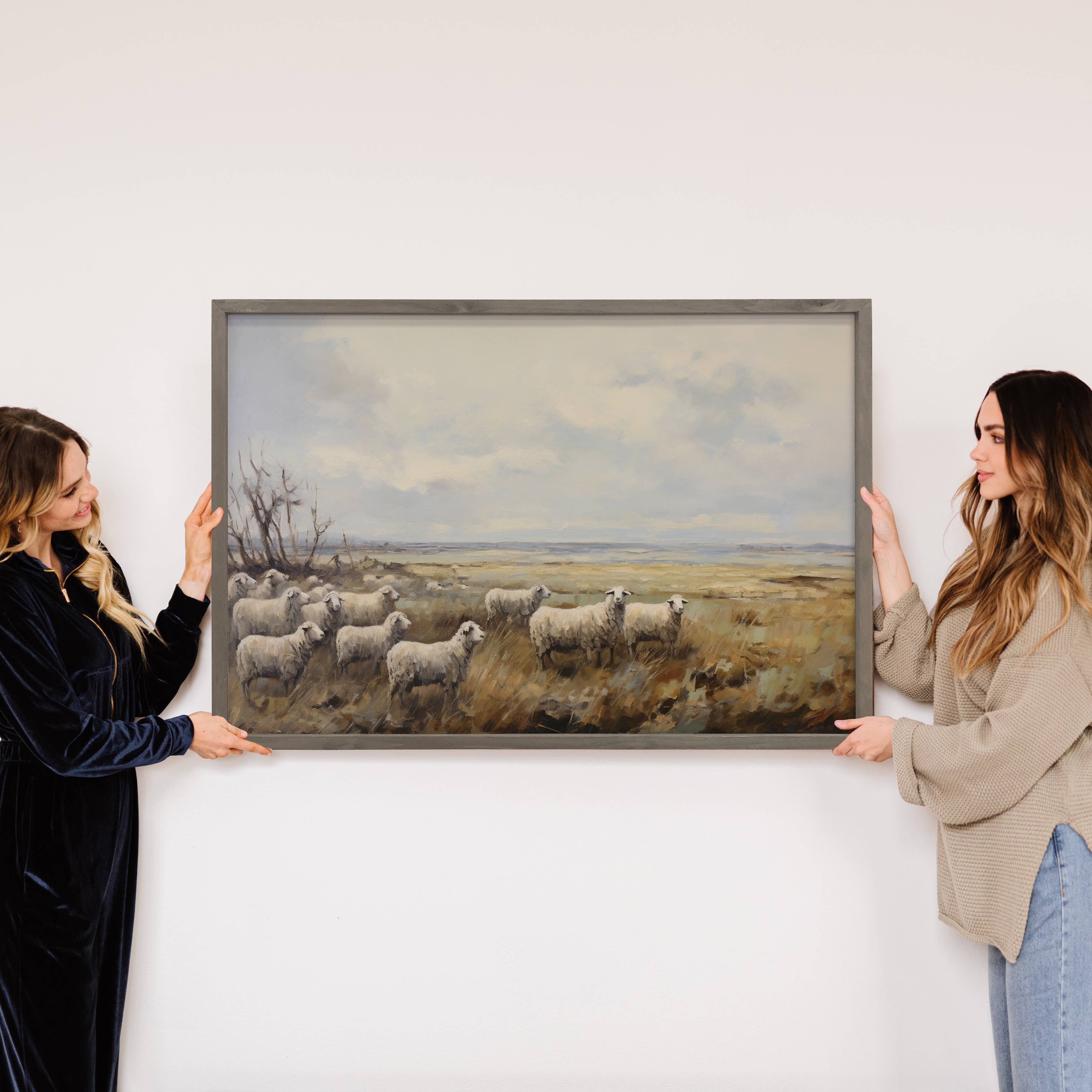 Sheep Field Painting - Farmhouse Canvas Art - Wood Framed