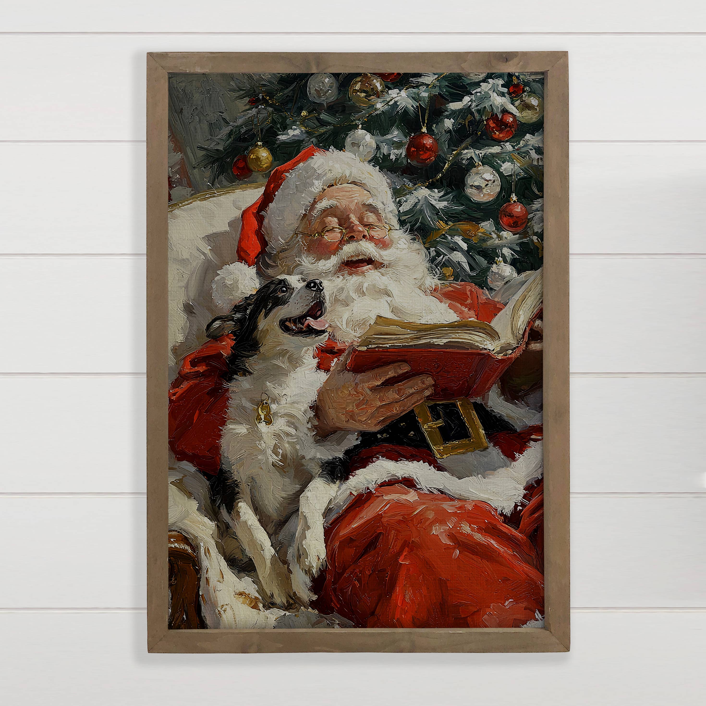 Santa Reading with Dog - Santa Canvas Art - Wood Framed Art