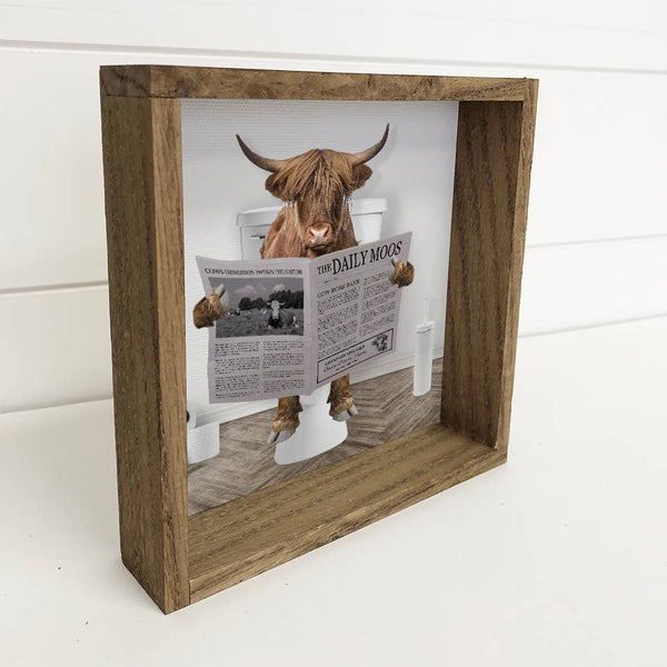 Highland Cow on Toilet Wood Frame Sign - Funny Bathroom Art