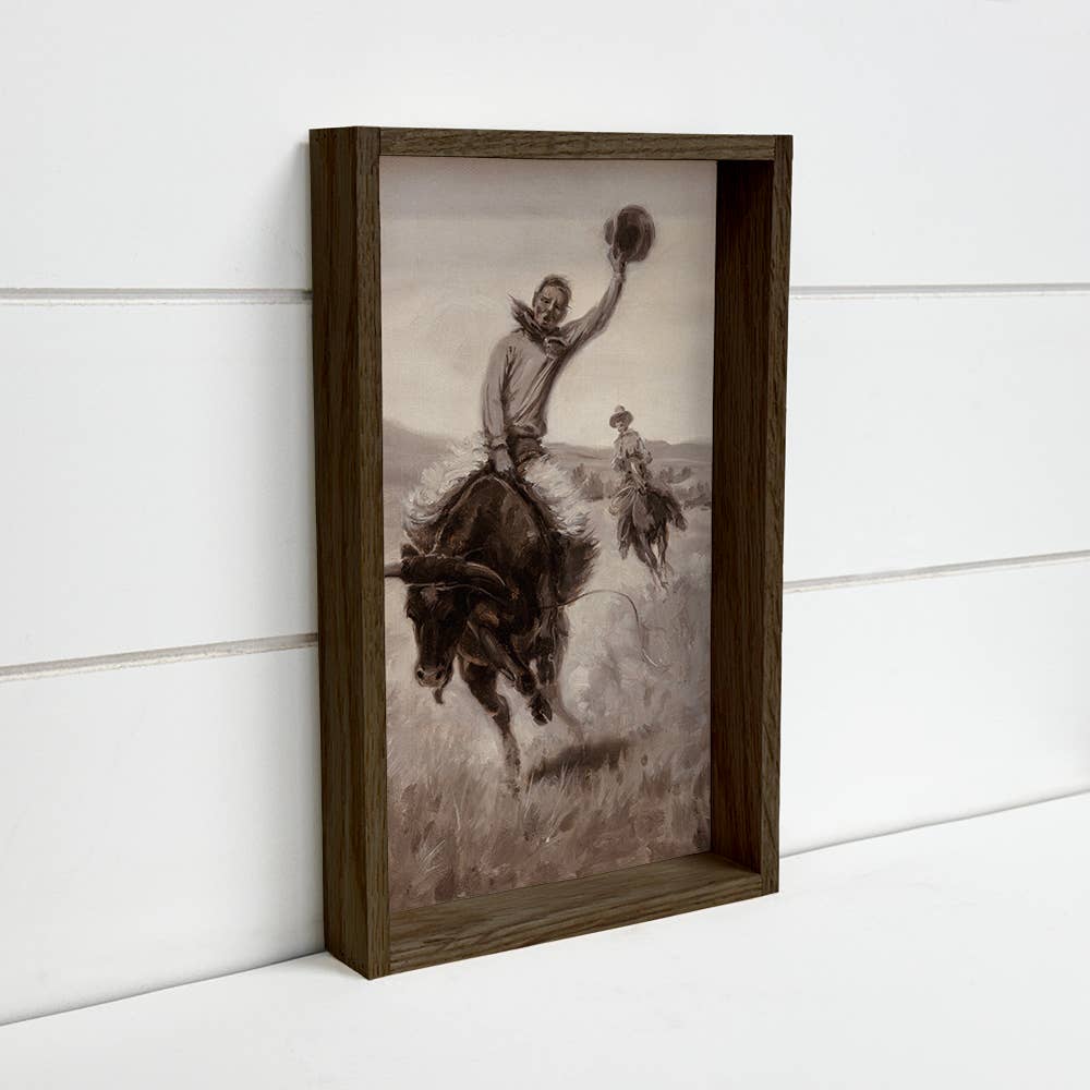 Riding a Bull - Cowboy Canvas Art - Wood Framed Wall Art