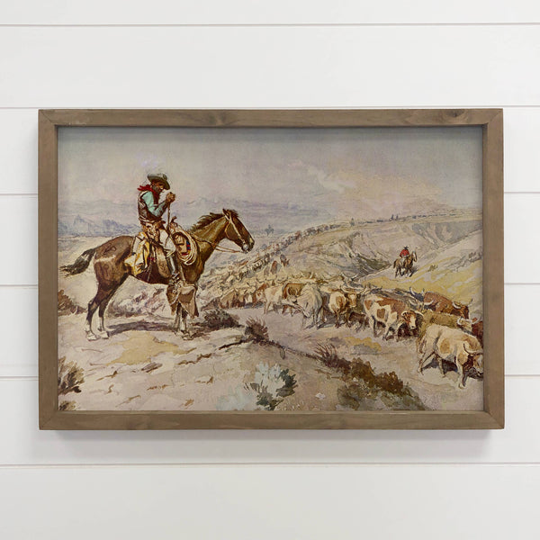 Cowboy Cattle Drive - Ranch House Canvas Art - Wood Framed